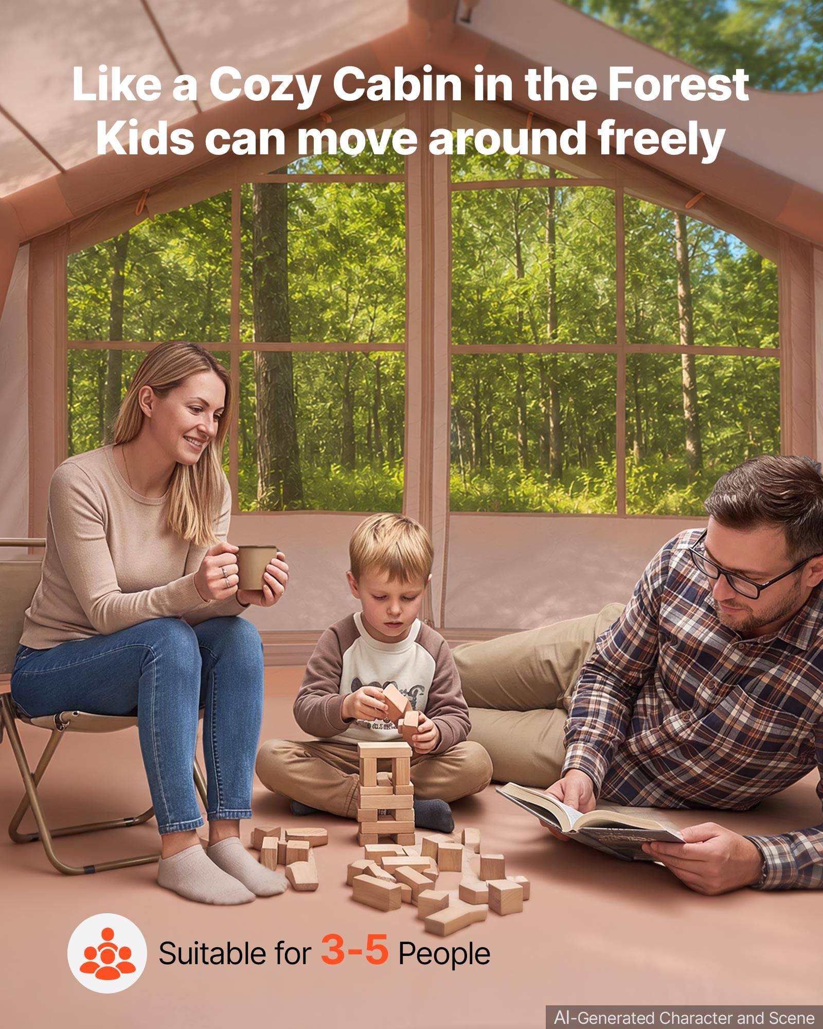 Like a Cozy Cabin in the Forest  
Kids can move around freely  

Suitable for 3-5 People  

AI-Generated Character and Scene