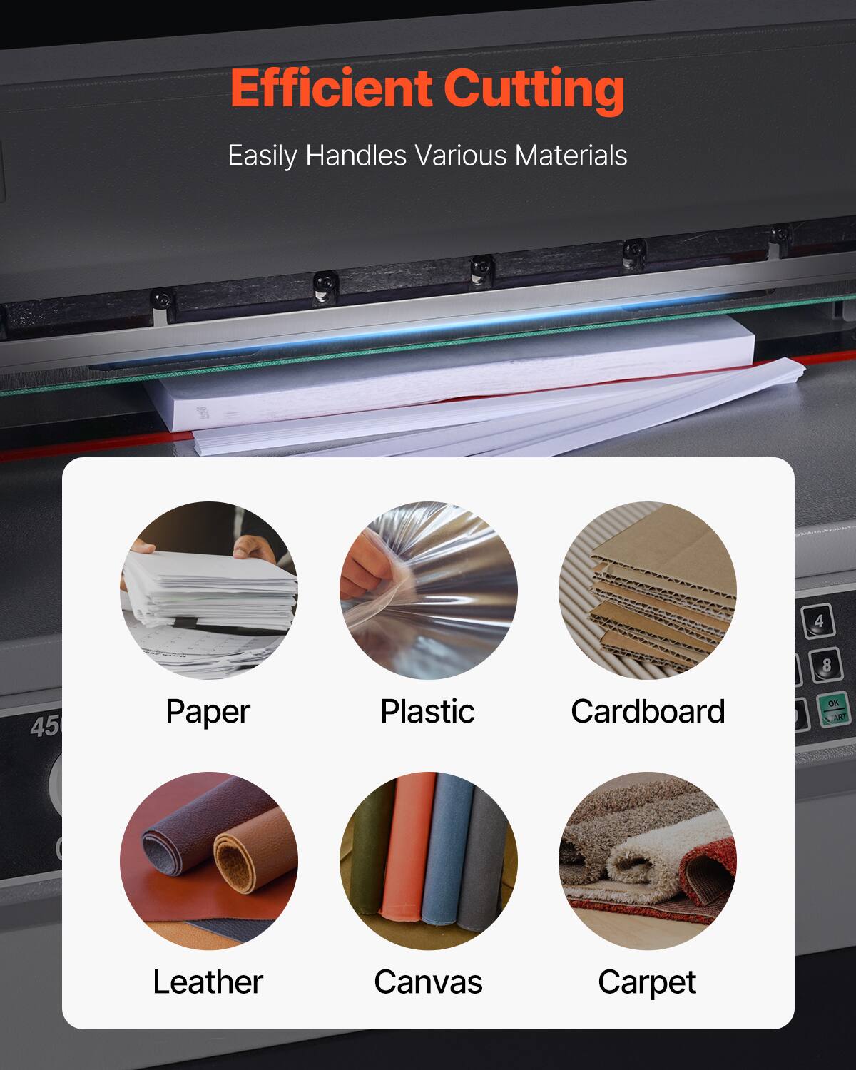 Efficient Cutting Easily Handles Various Materials

- Paper
- Plastic
- Cardboard
- Leather
- Canvas
- Carpet