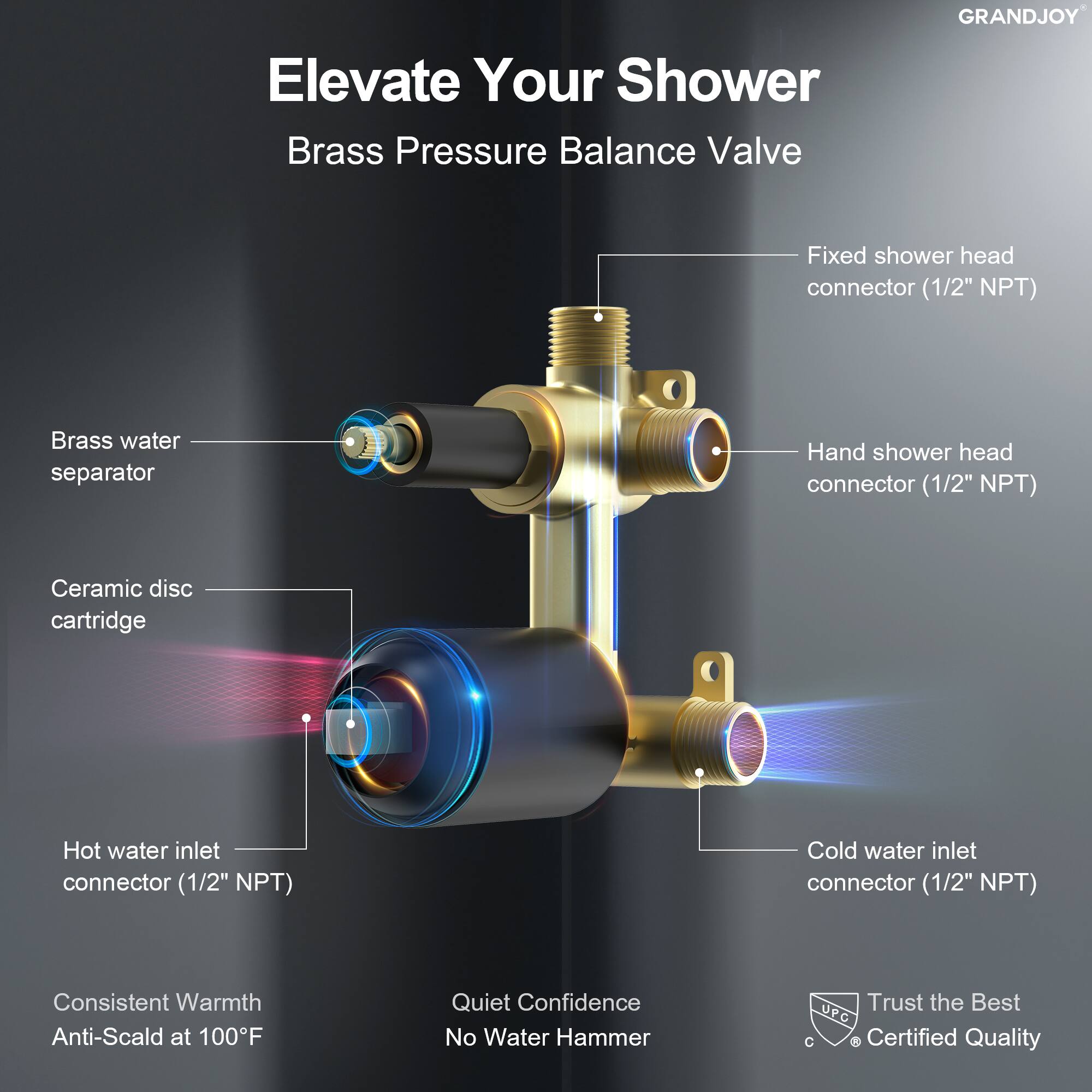 Elevate Your Shower  
Brass Pressure Balance Valve  

- Brass water separator  
- Ceramic disc cartridge  
- Hot water inlet connector (1/2" NPT)  
- Cold water inlet connector (1/2" NPT)  
- Fixed shower head connector (1/2" NPT)  
- Hand shower head connector (1/2" NPT)  

Consistent Warmth  
Anti-Scald at 100°F  

Quiet Confidence  
No Water Hammer  

Trust the Best  
UPC Certified Quality