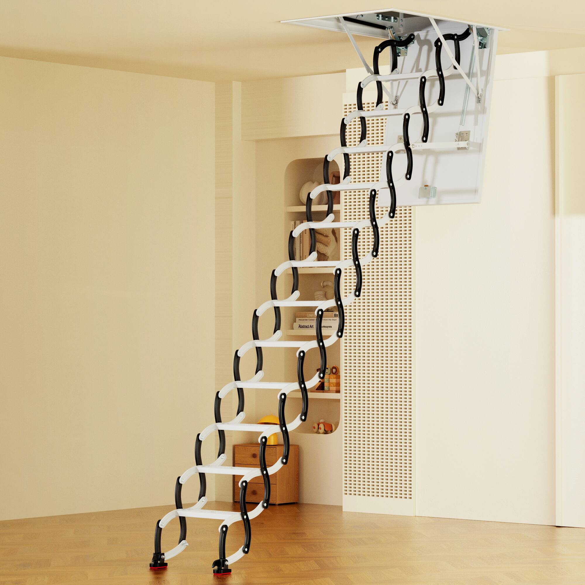 Alt View 3. Topteng - 12-Step Black Folding Attic Ladder -660lb Capacity,Alloy Steel,Ceiling Mount for 39.4"x27.5" Opening,Space-Saving Design - White.