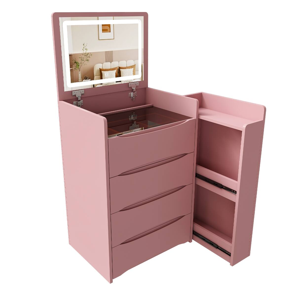 Angle. Loheer - Loheer 3-in-1 Flip Mirror Vanity Desk with Adjustable LED Lighting, Pink MDF Bedroom Furniture - Pink.