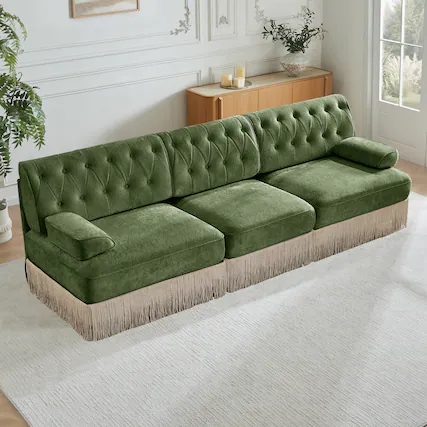 Front. Anysun - 3-Seat Velvet Sofa - Pet-Friendly, Tassel Skirt, Button Tufted, Wood Base, Free Combination for Living Room & Bedroom - Green.