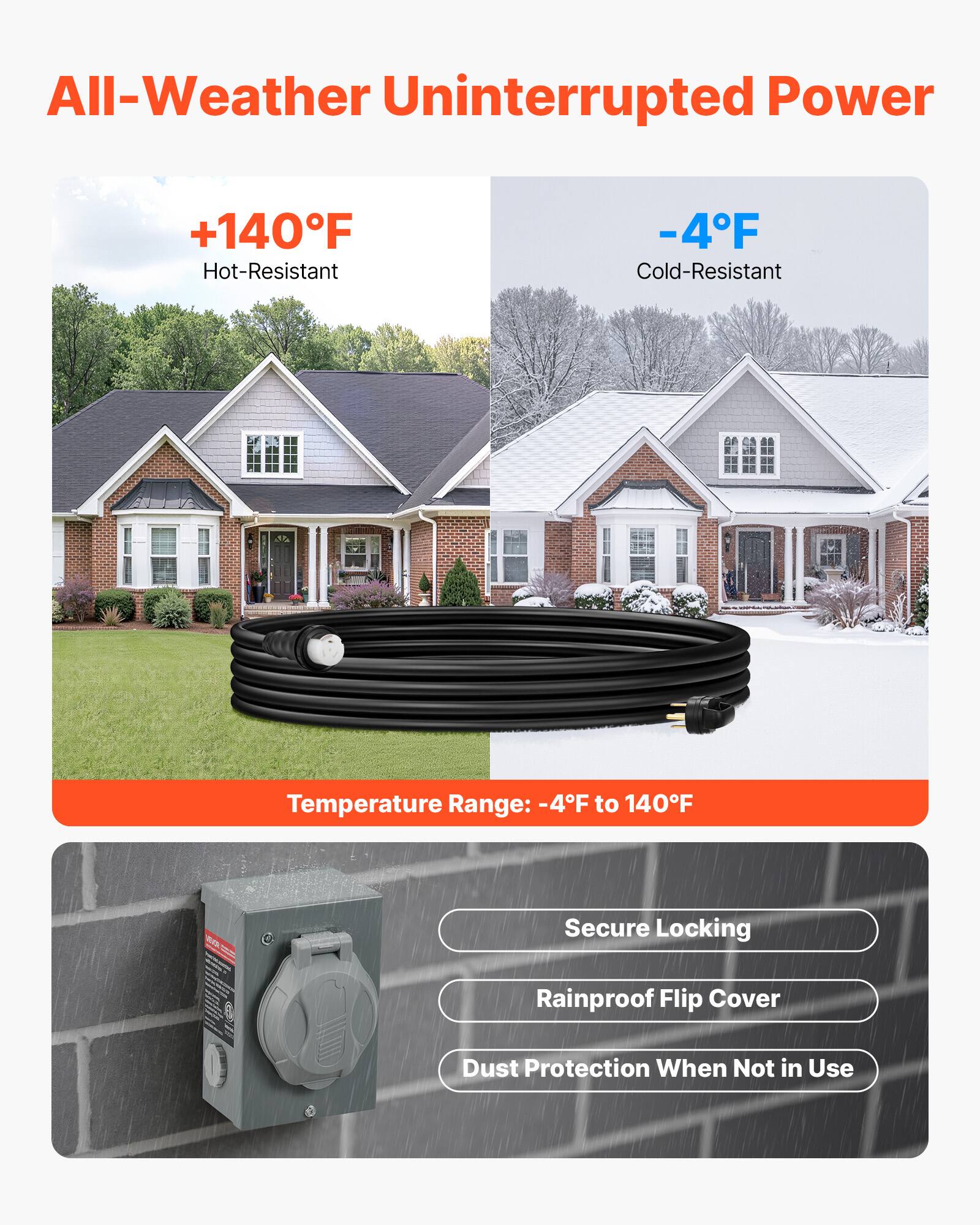 All-Weather Uninterrupted Power

+140°F Hot-Resistant
-4°F Cold-Resistant
Temperature Range: -4°F to 140°F
Secure Locking
Rainproof Flip Cover
Dust Protection When Not in Use