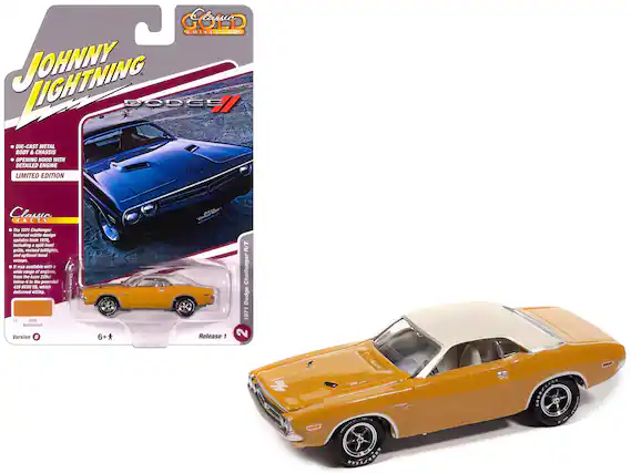 **Johnny Lightning Dodge**
**Gold Collection**
**DIE-CAST METAL BODY & CHASSIS**
**OPENING HOOD WITH DETAILED ENGINE**
**LIMITED EDITION**
**Classic Facts**
1. The 1971 Challenger featured subtle design updates from 1970, including a spatter-tail, optional hood scoops, and a wide range of engines, from the base 225ci Inline-6 to the powerful 428 HEMI V8, which delivered 425hp.
**Version B**
**Release 1**
**6+**
**LSSIA**
**2321**
**POLTOLATNE SNIA/OCOO**
**EAR COOREXIAN SO.**
**1971 Dodge Challenger R/T**
**1971**