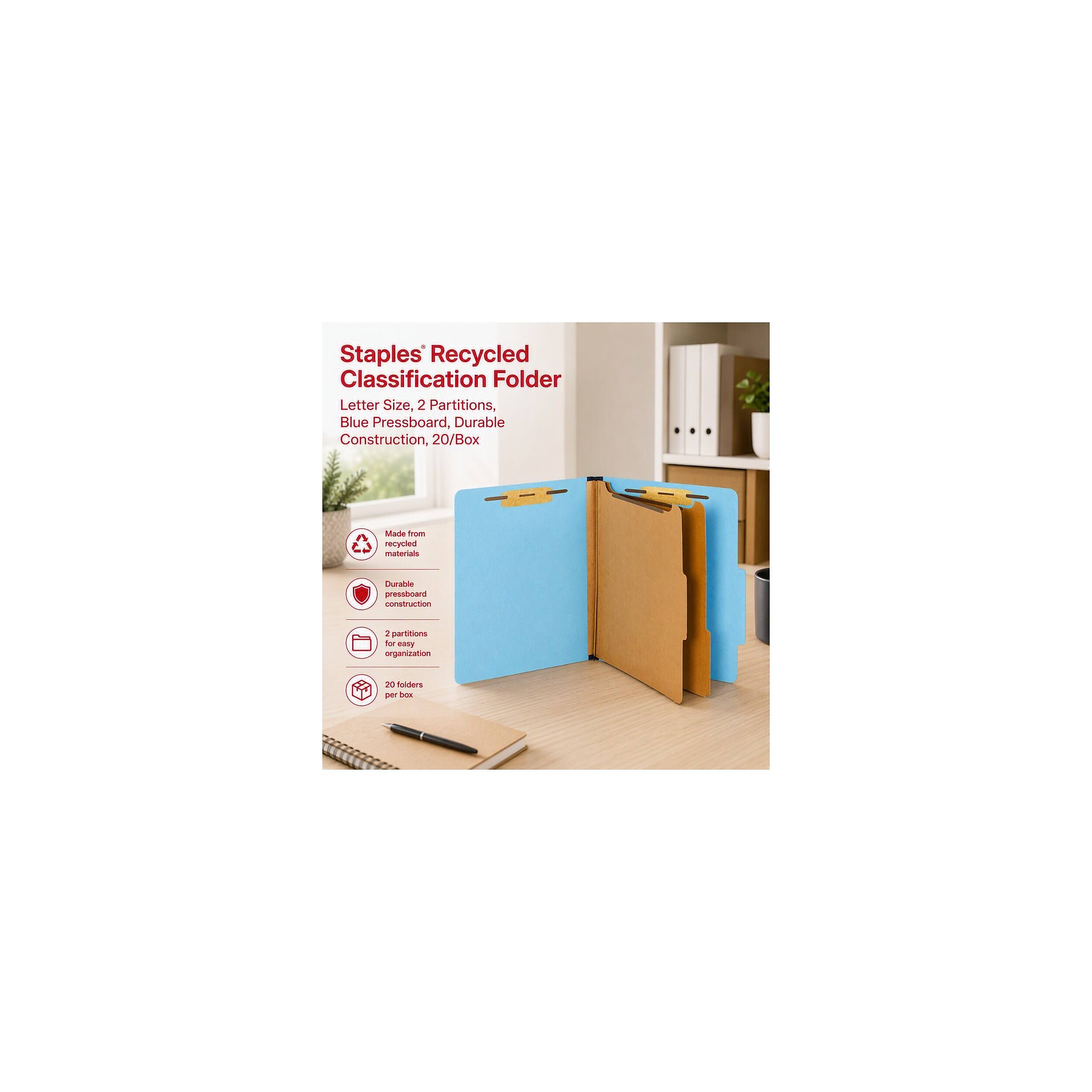 Staples Recycled Classification Folder Letter Size, 2 Partitions, Blue Pressboard, Durable Construction, 20/Box

Made from recycled materials

Durable pressboard construction

2 partitions for easy organization

20 folders per box.