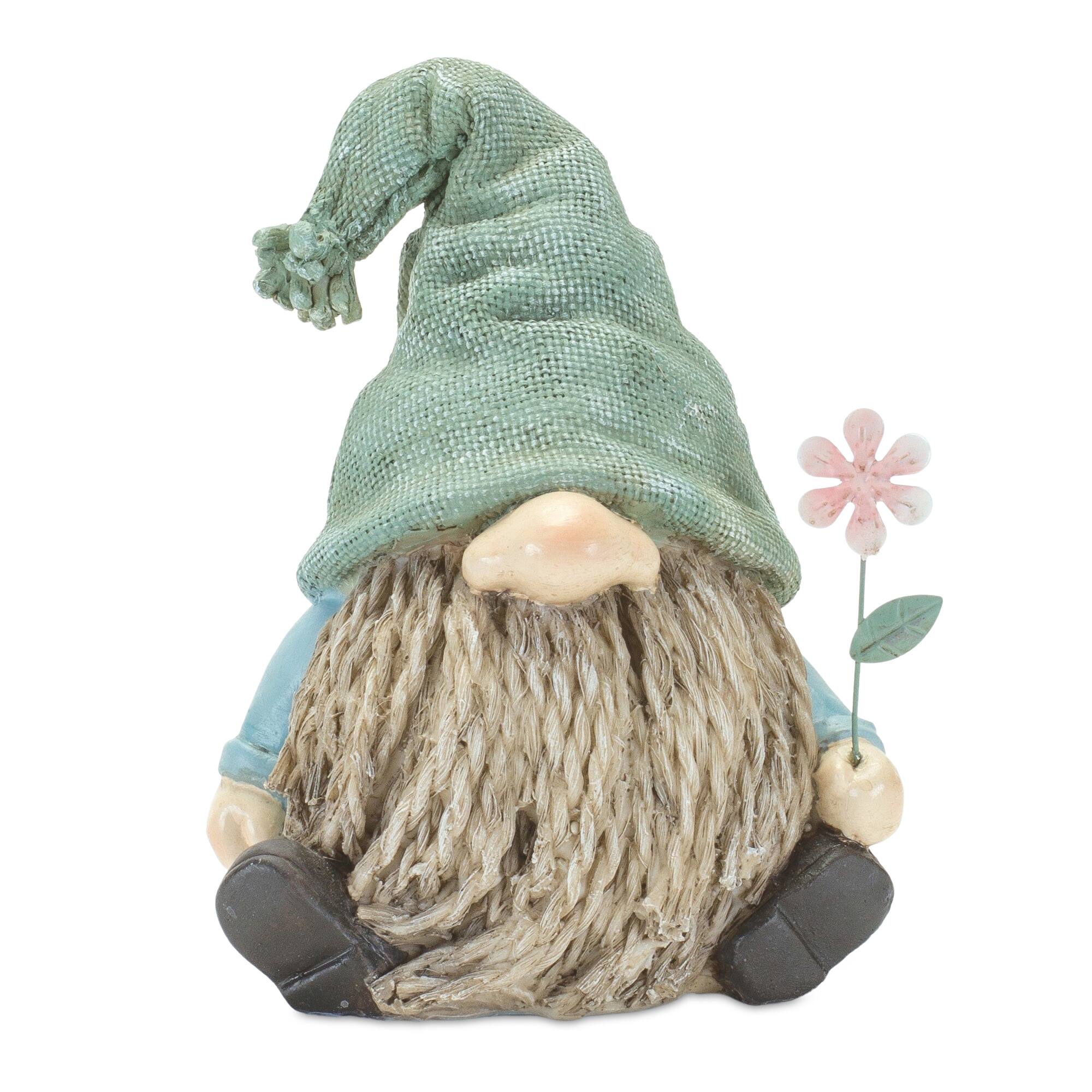 Alt View 1. BreeBe - Stone Garden Gnome Figurine with Flower Stem Accent (Set of 4) - Green.