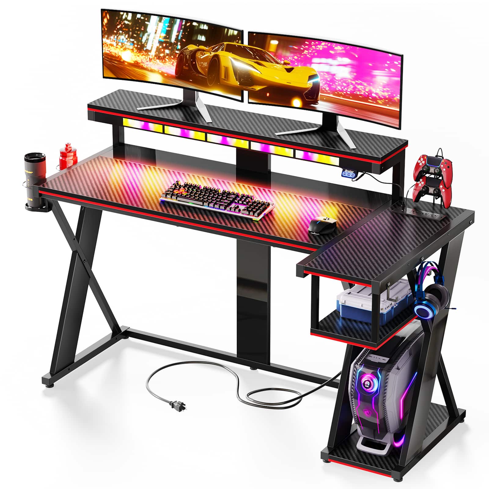 Front. Bestier - 57-inch L-Shaped Gaming Desk, RGB Music Sync LED Lights, 3 AC Power Outlets, Dual Cup Holders for Gaming Room - Black.