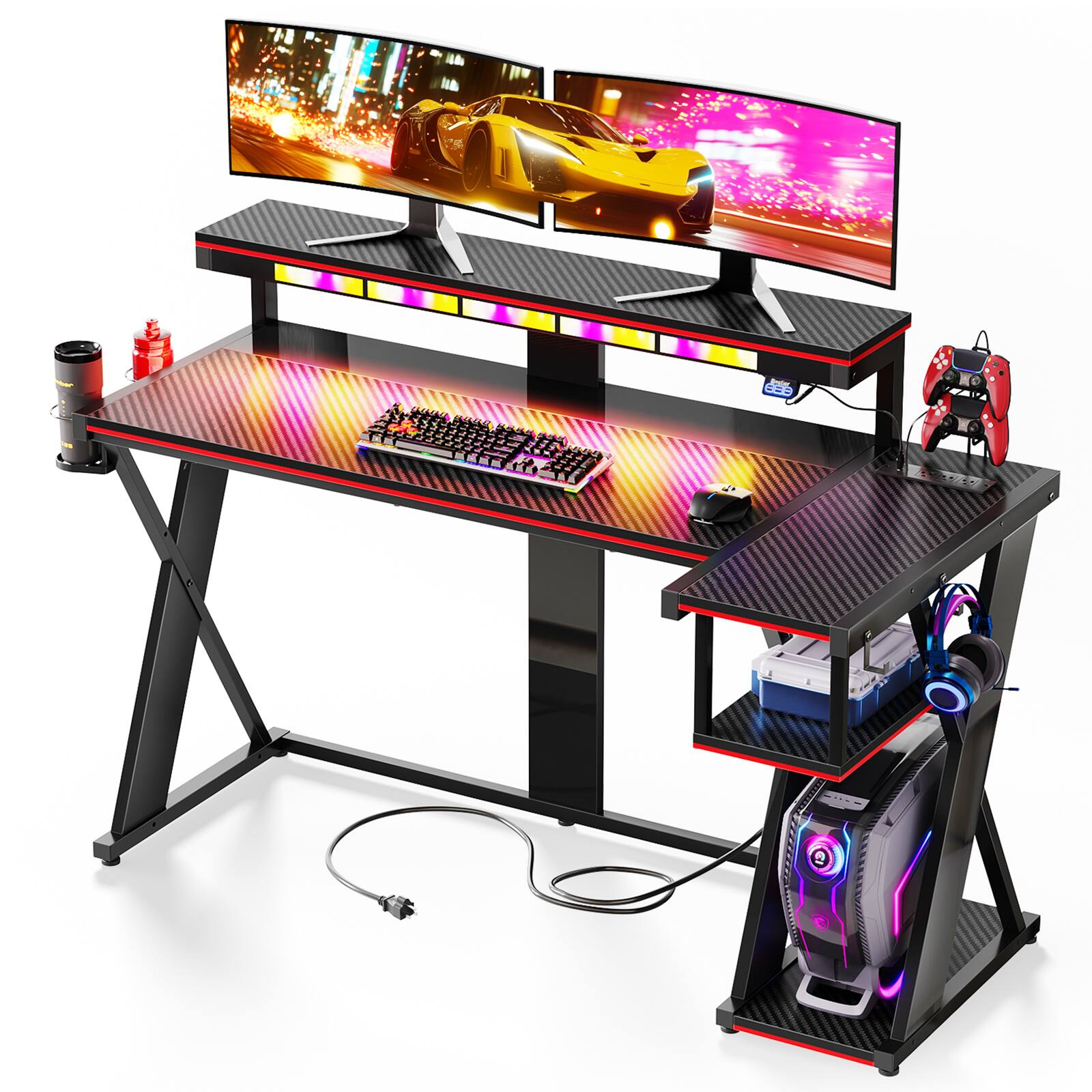 Front. Bestier - 57-inch L-Shaped Gaming Desk, RGB Music Sync LED Lights, 3 AC Power Outlets, Dual Cup Holders for Gaming Room - Black.
