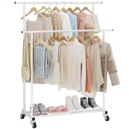Front. ThinkLink Electronic - Double Rod Clothing Garment Rack Rolling Hanging Clothes Portable Organizer For Bedroom Living Room Store - White.