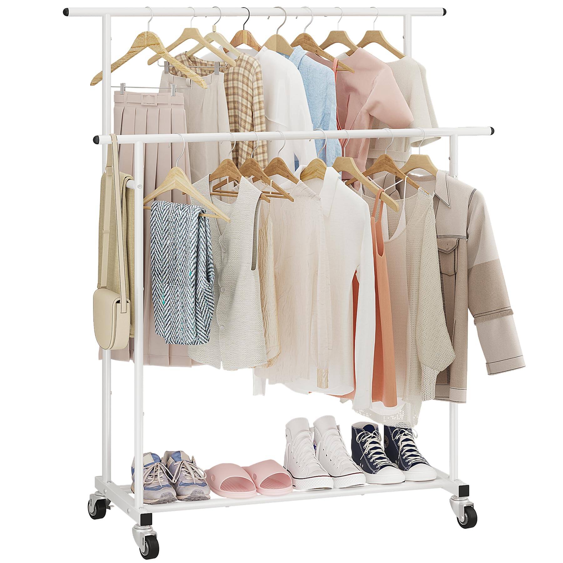 Front. ThinkLink Electronic - Double Rod Clothing Garment Rack Rolling Hanging Clothes Portable Organizer For Bedroom Living Room Store - White.
