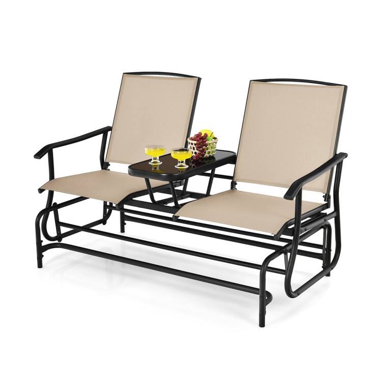 Angle. Mondawe - 2-Person Rocking Loveseat w/ Center Tempered Glass Table, Double Outdoor Glider Bench with Mesh Fabric - Beige.