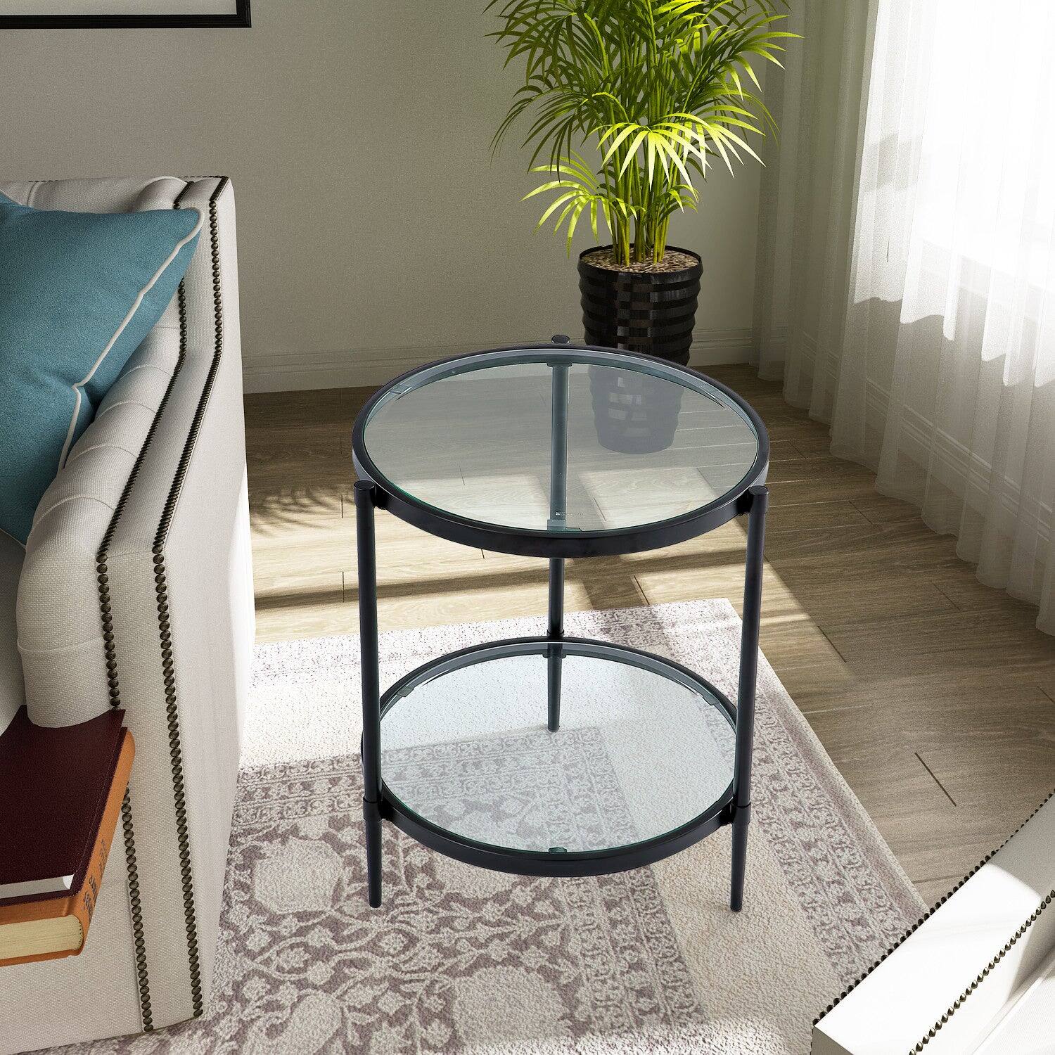 Alt View 7. Boyel Living - 21.65 in. Black Frame Round Glass Top Coffee Table with Storage Shelf - Black+Glass.