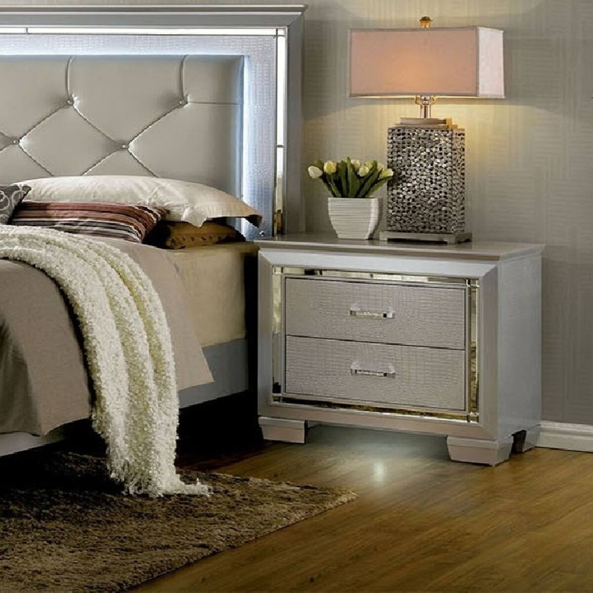 Alt View 4. Loheer - Loheer Silver Two Drawer Nightstand with Built In LED Light and Mirror Inserts - Silver.