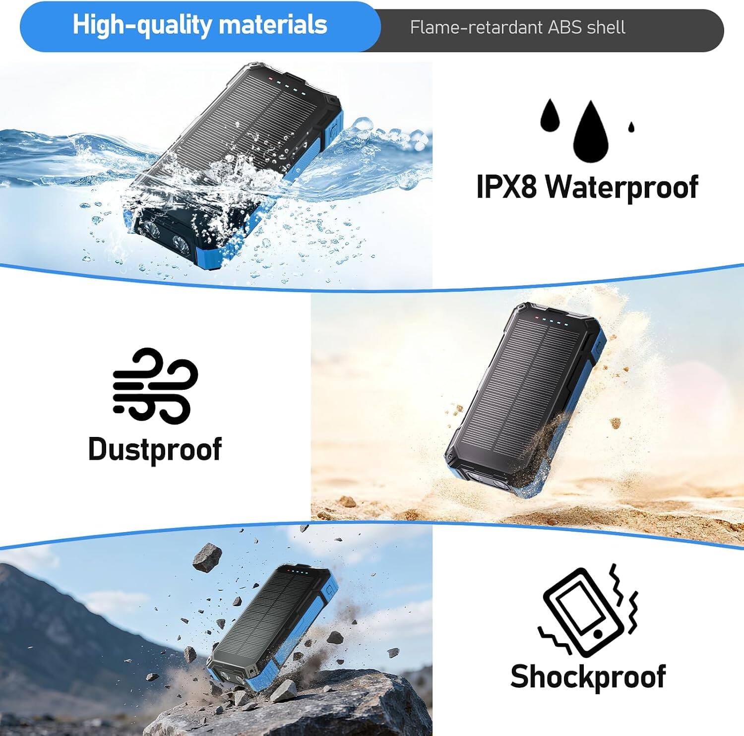 High-quality materials  
Flame-retardant ABS shell  
IPX8 Waterproof  
Dustproof  
Shockproof