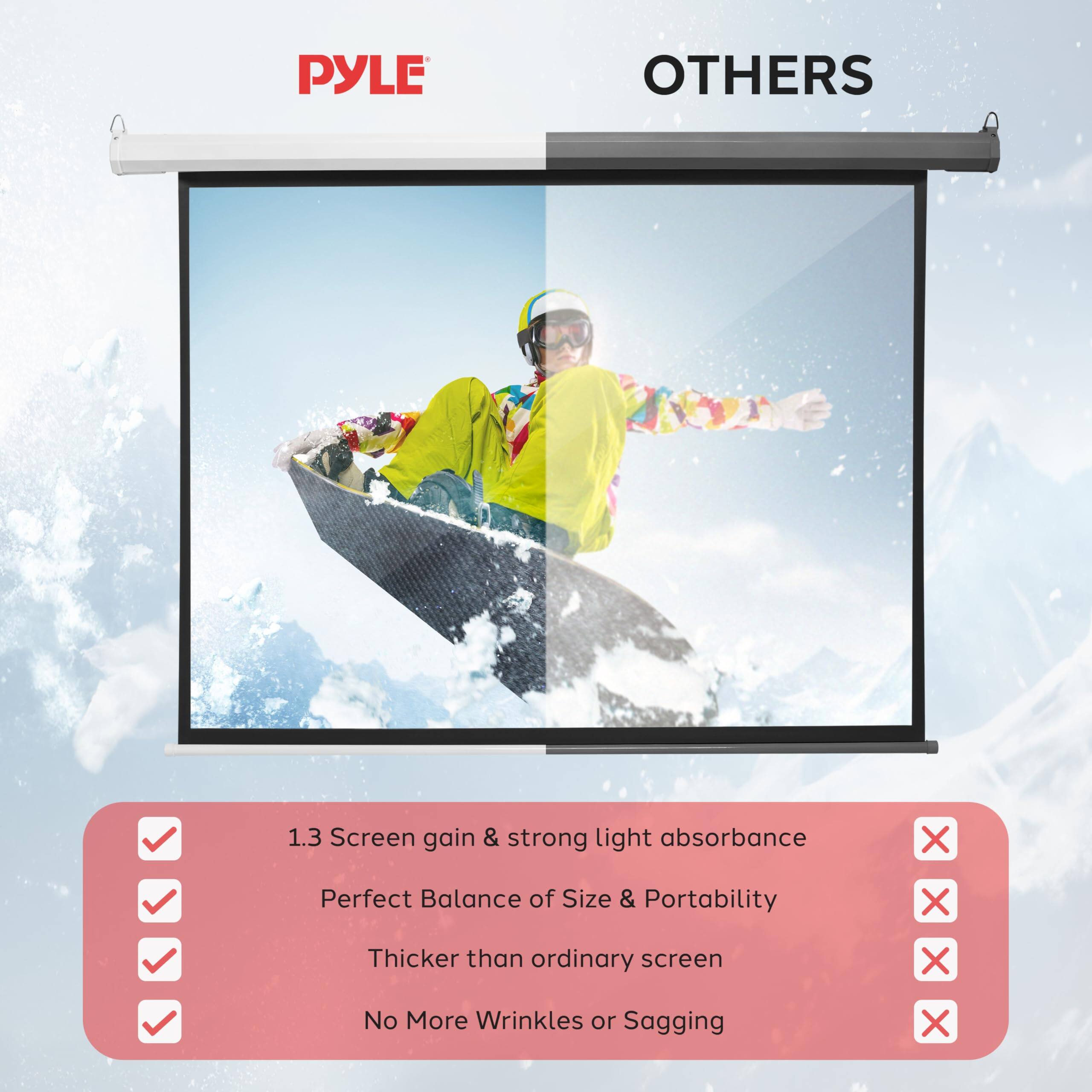 PYLE OTHERS

1.3 Screen gain & strong light absorbance  
Perfect Balance of Size & Portability  
Thicker than ordinary screen  
No More Wrinkles or Sagging