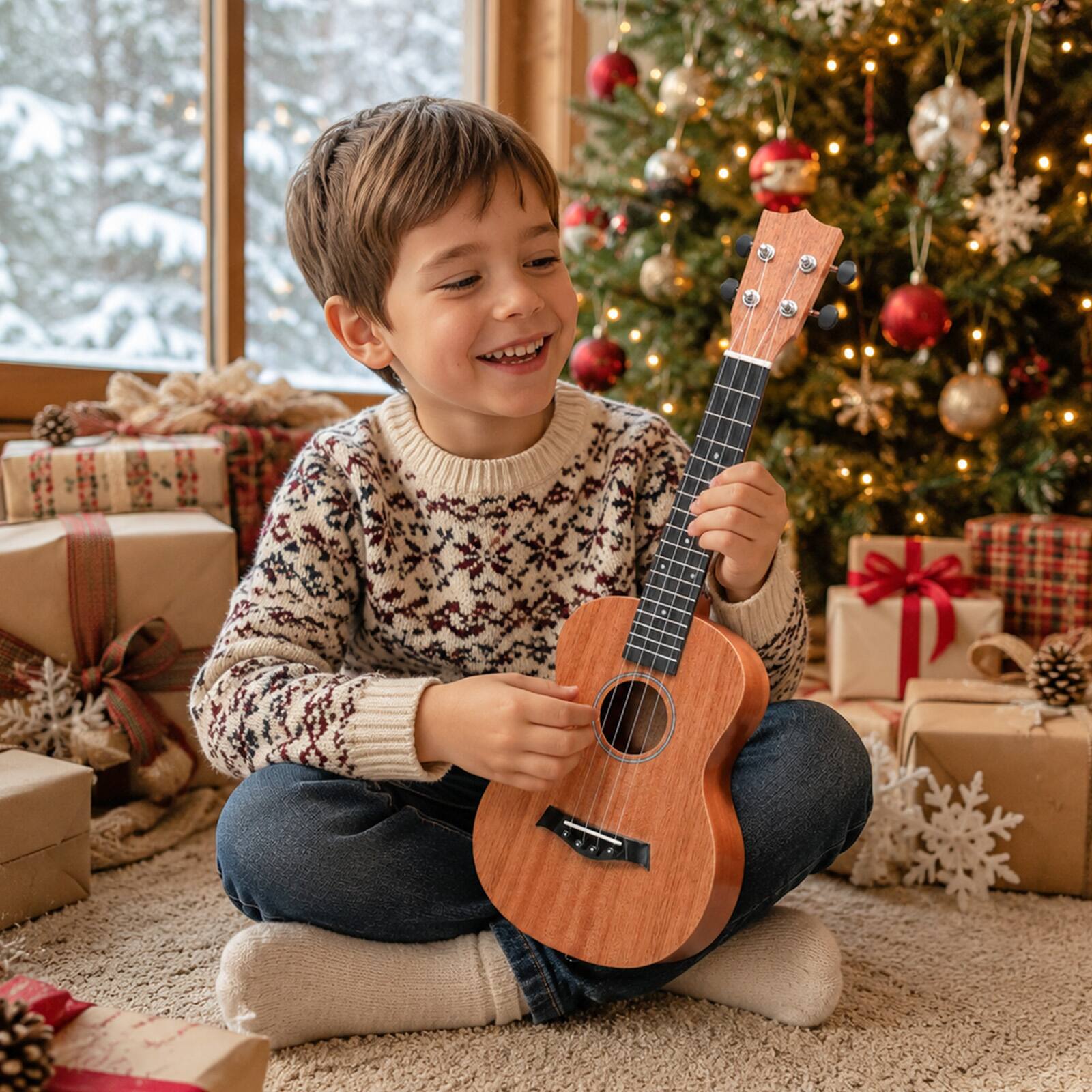 Angle. Winado - 21" Mahogany 4-String Soprano Ukulele Kit  Includes Gig Bag, Strap, Picks, Strings and Cleaning Cloth - Natural Wood.