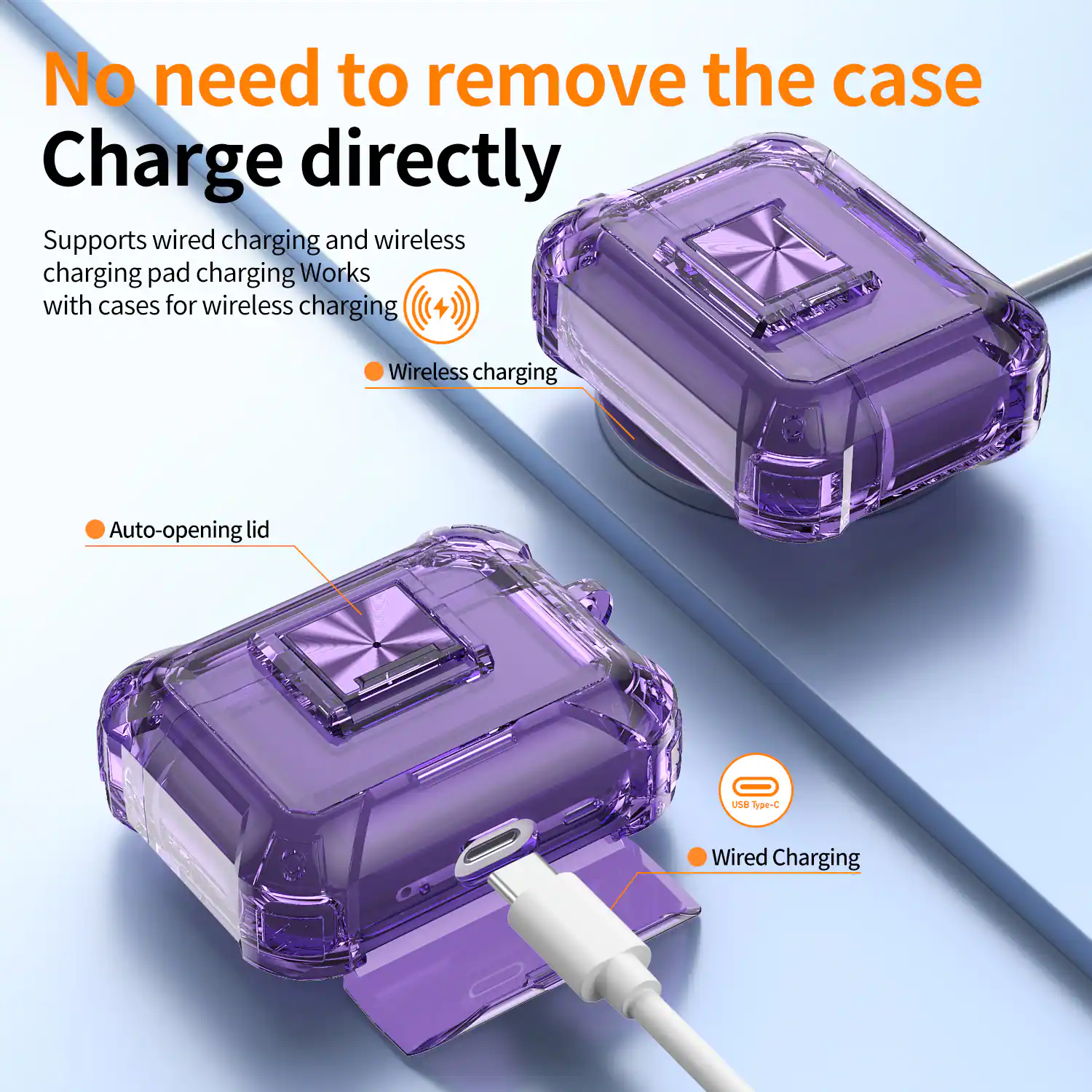 No need to remove the case  
Charge directly  

Supports wired charging and wireless charging pad charging. Works with cases for wireless charging.  

- Wireless charging  
- Auto-opening lid  
- Wired Charging (USB Type-C)