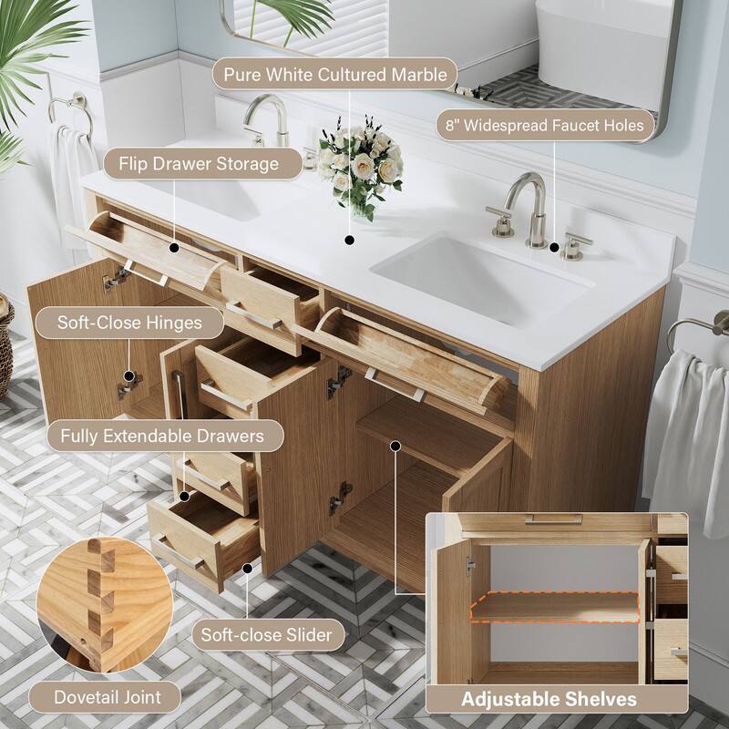 Pure White Cultured Marble  
8" Widespread Faucet Holes  
Flip Drawer Storage  
Soft-Close Hinges  
Fully Extendable Drawers  
Soft-close Slider  
Dovetail Joint  
Adjustable Shelves