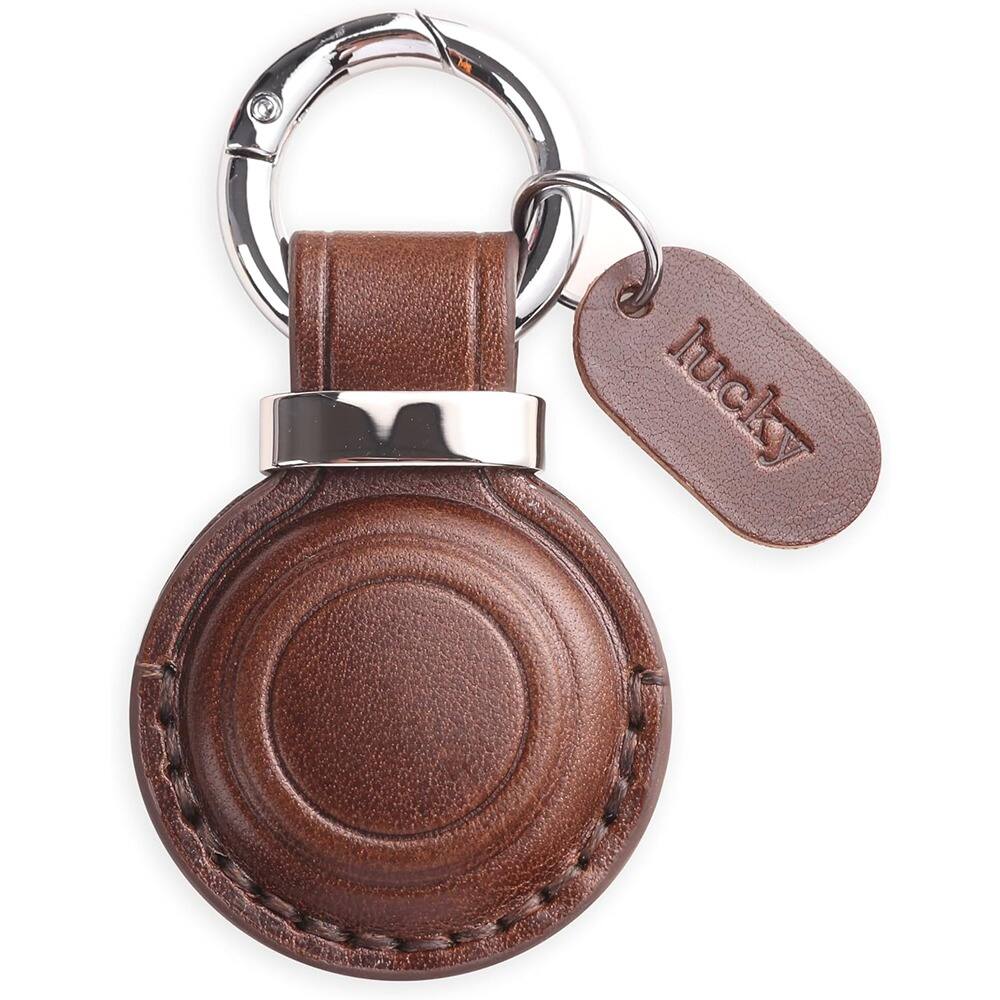 Front. RTMB - Genuine Leather AirTag Keychain Holder – Secure Case Cover, Dark Brown - Dark Brown.