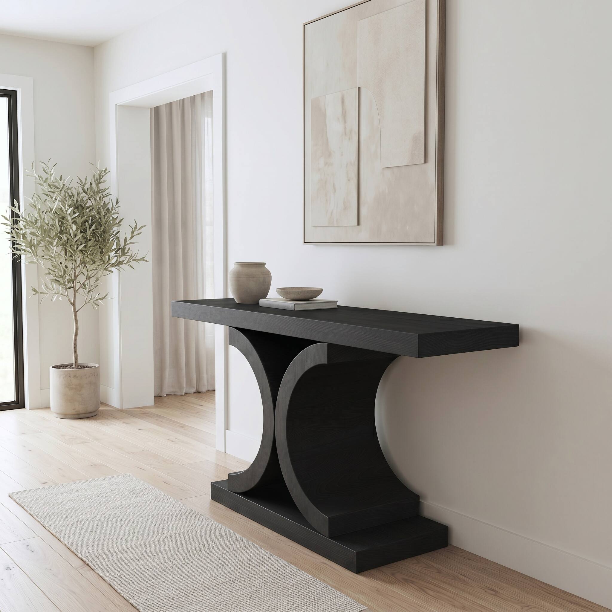 Back. Loheer - Loheer Black Console Table, 60 Inch Modern Narrow Sofa Table with Sculptural Curved Base, Black Oak Entryway Table - Black.