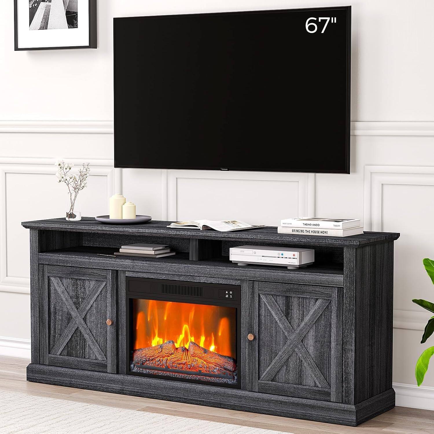 Qeetex - 67" Fireplace TV Stand, 23" Color Adjustable Insert, Remote Control, Timer, Wood Media Console with Cabinets