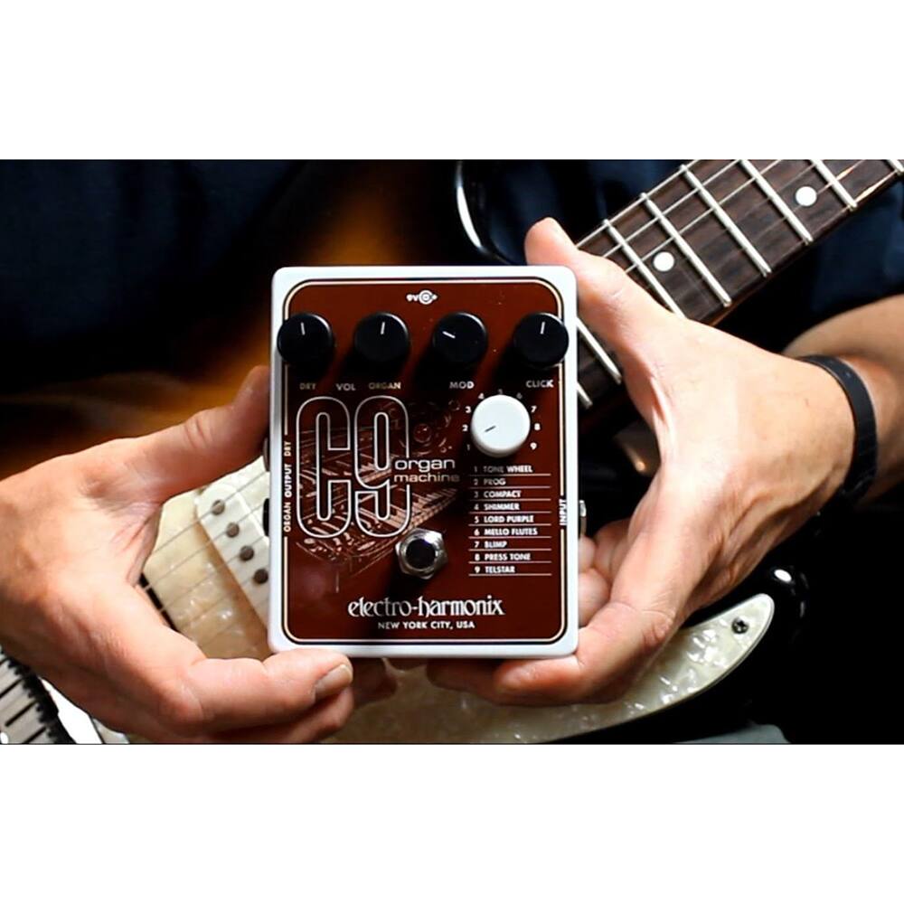 I I DET VOL ORGAN MOD CLICK 3 7 3 AN 0O organ TONE WHEEL OUTPUT machine 3 PEDO 1 COMPACT 4 SHEMMER ORGAN . 5 LORD MELLO PUEPLE FLUTES 7 BUIMP 8 PRESS TONE . FELSTAR electro-harmonix NEW YORK CITY, USA

---

**Organ Machine**

- DRY
- VOL
- ORGAN
- MOD
- CLICK

**TONE WHEEL OUTPUT**

1. TONE WHEEL
2. PUNCH
3. COMPACT
4. SHEMMER
5. LORD PUEPLE
6. MELLO FLUTES
7. BUIMP
8. PRESS TONE
9. FELSTAR

electro-harmonix  
NEW YORK CITY, USA