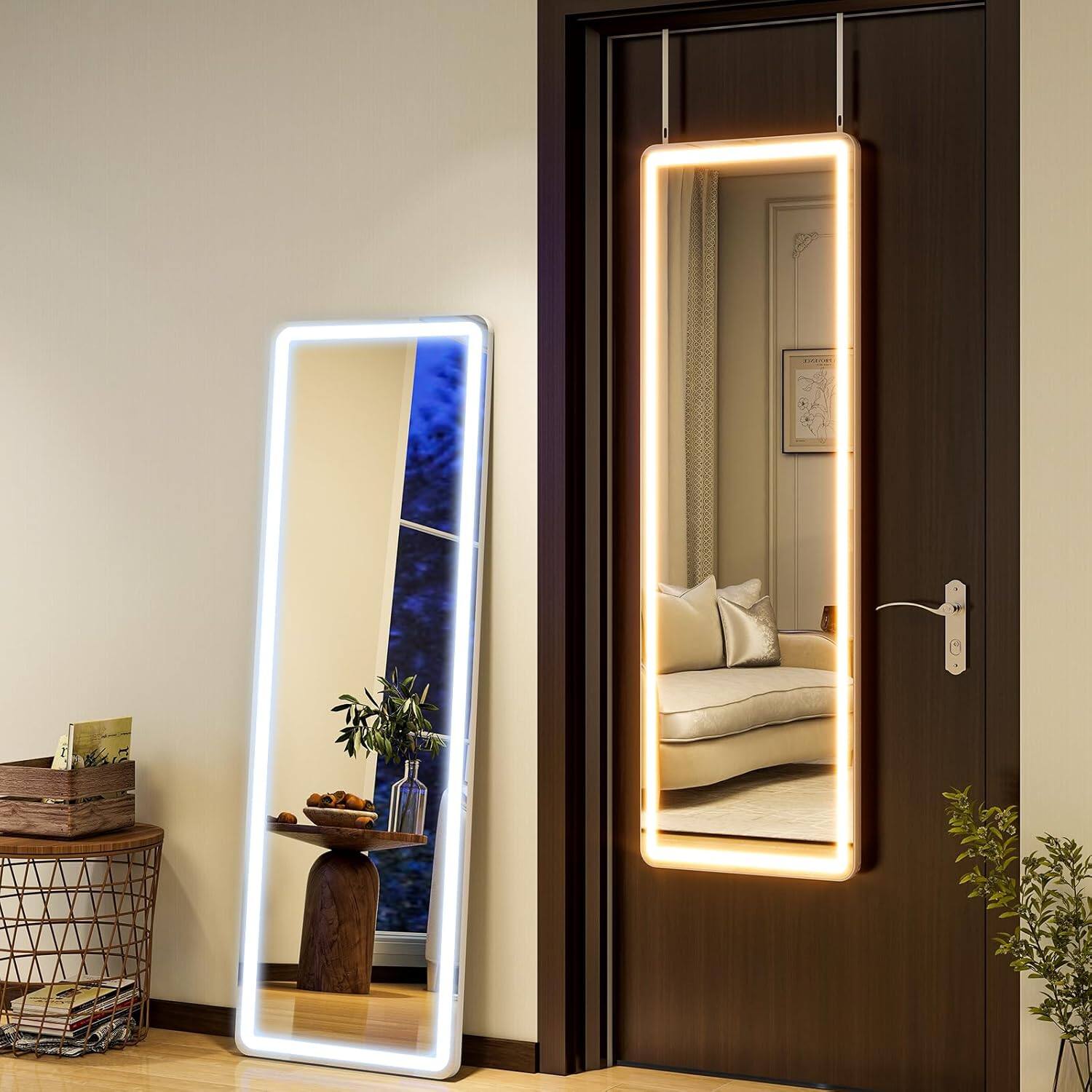 Stamp n Camp - Door Mirror Full Length with Lights,Tempered Glass 16"x48" Led Full Length Mirror with Dimming & 3 Color Lighting - Rectangle-48"L×16"W