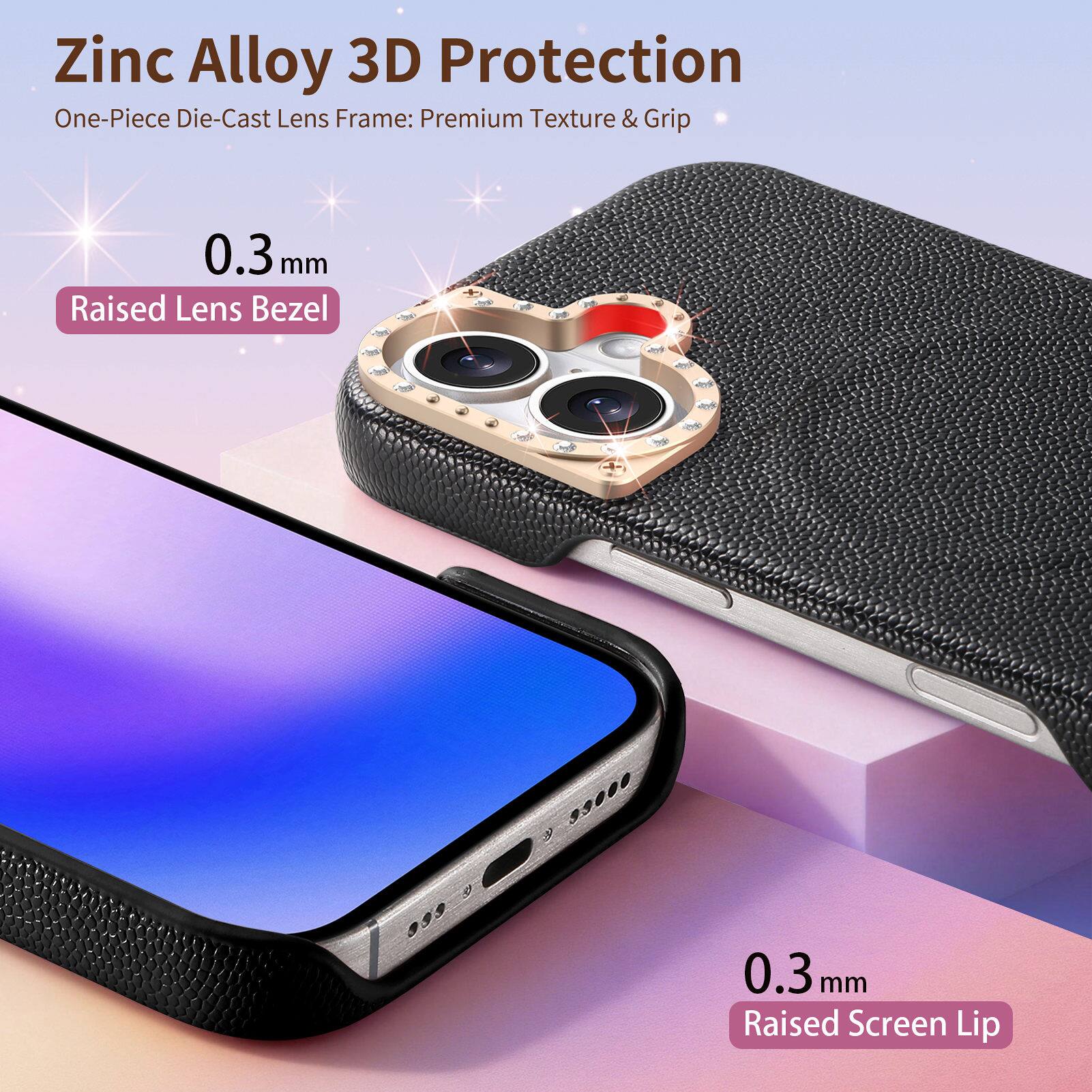 Zinc Alloy 3D Protection  
One-Piece Die-Cast Lens Frame: Premium Texture & Grip  
0.3 mm Raised Lens Bezel  
0.3 mm Raised Screen Lip
