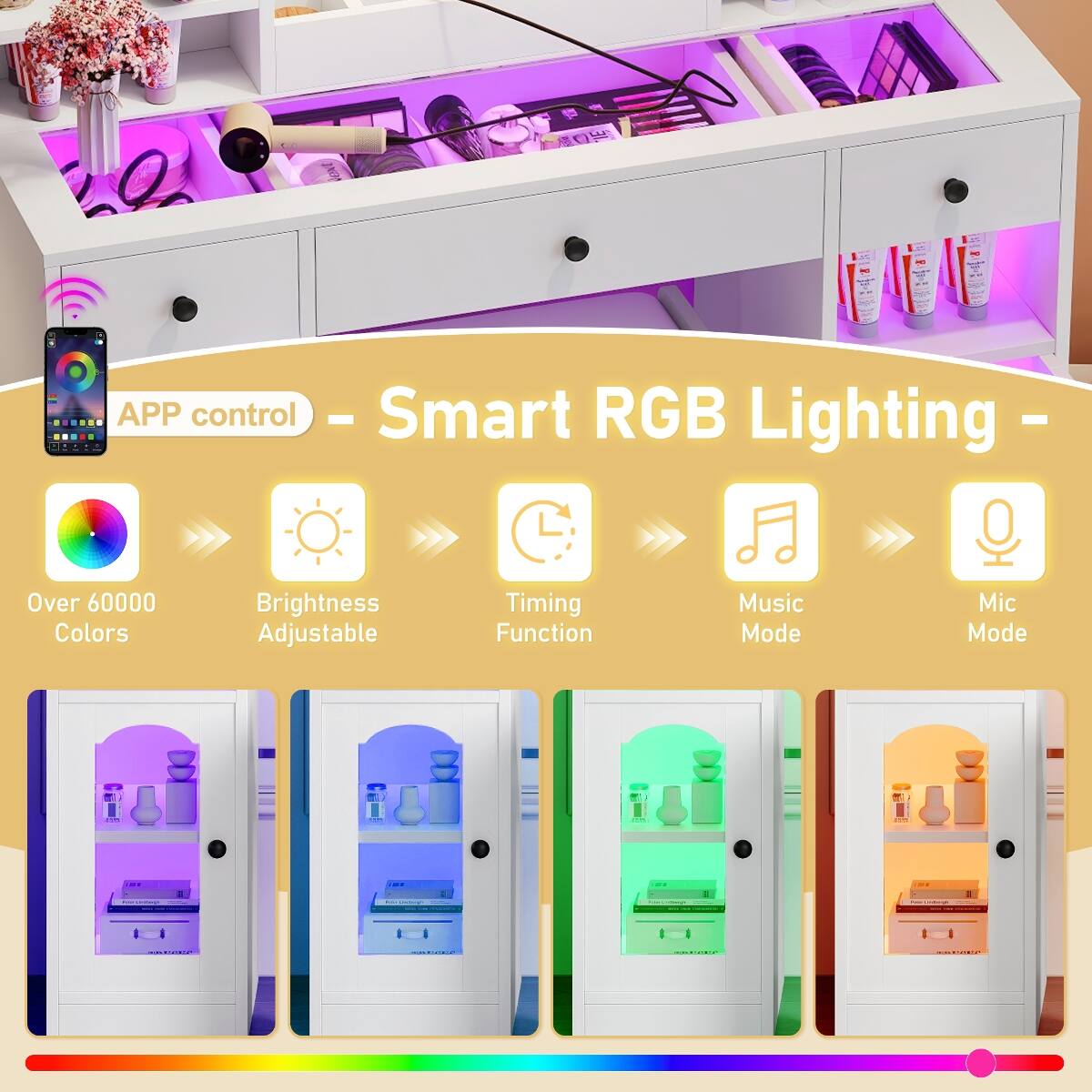 APP control - Smart RGB Lighting  
Over 60000 Colors  
Brightness Adjustable  
Timing Function  
Music Mode  
Mic Mode