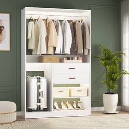 Aheaplus - 40'' Closet Organizer System with 2 Drawers, Walk-in Closet System with 5 Shelves, Hanging Rod and Suitcase Storage - White
