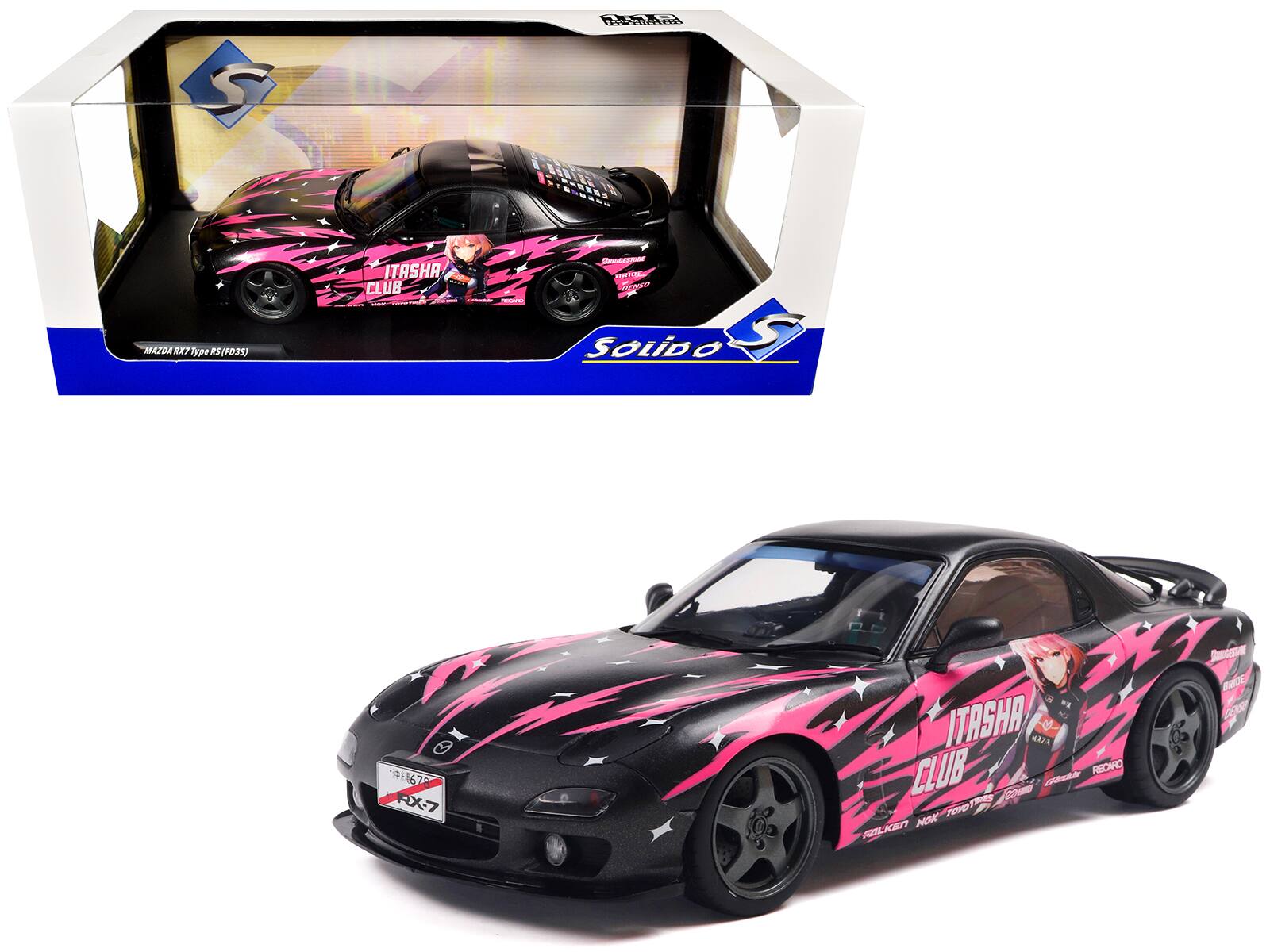 Solido - 1994 Mazda RX7 (FDRS) RHD (Right Hand Drive) "Itasha Club" 1/18 - Black Metallic with Pink Graphics