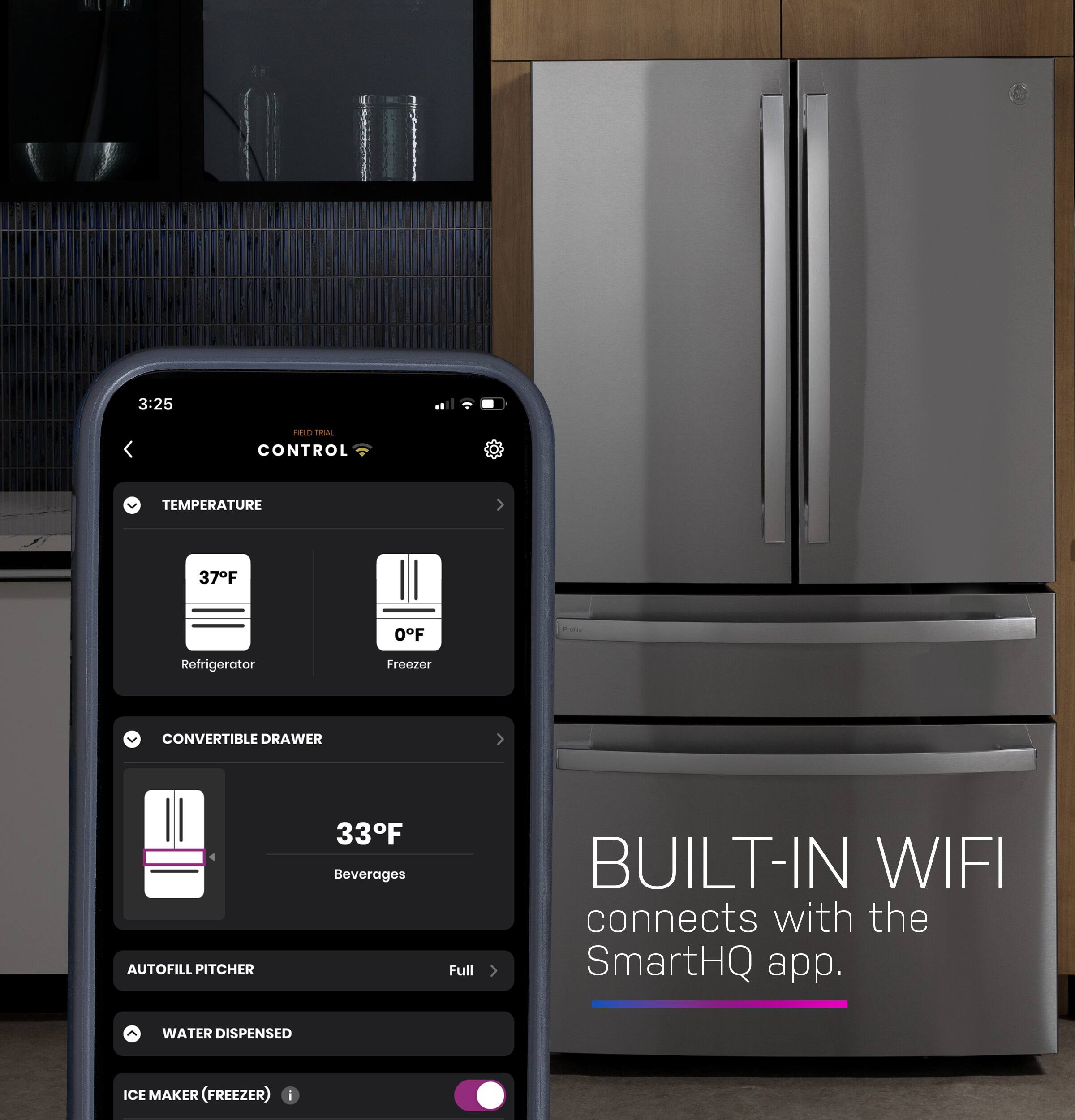 Built-in WiFi connects with the SmartHQ app. Water dispensed ice maker (freezer) - 3:25 FIDA control temperature 37F of refrigerator freezer. Converting drawer autofill pitcher 33F beverages. Full.