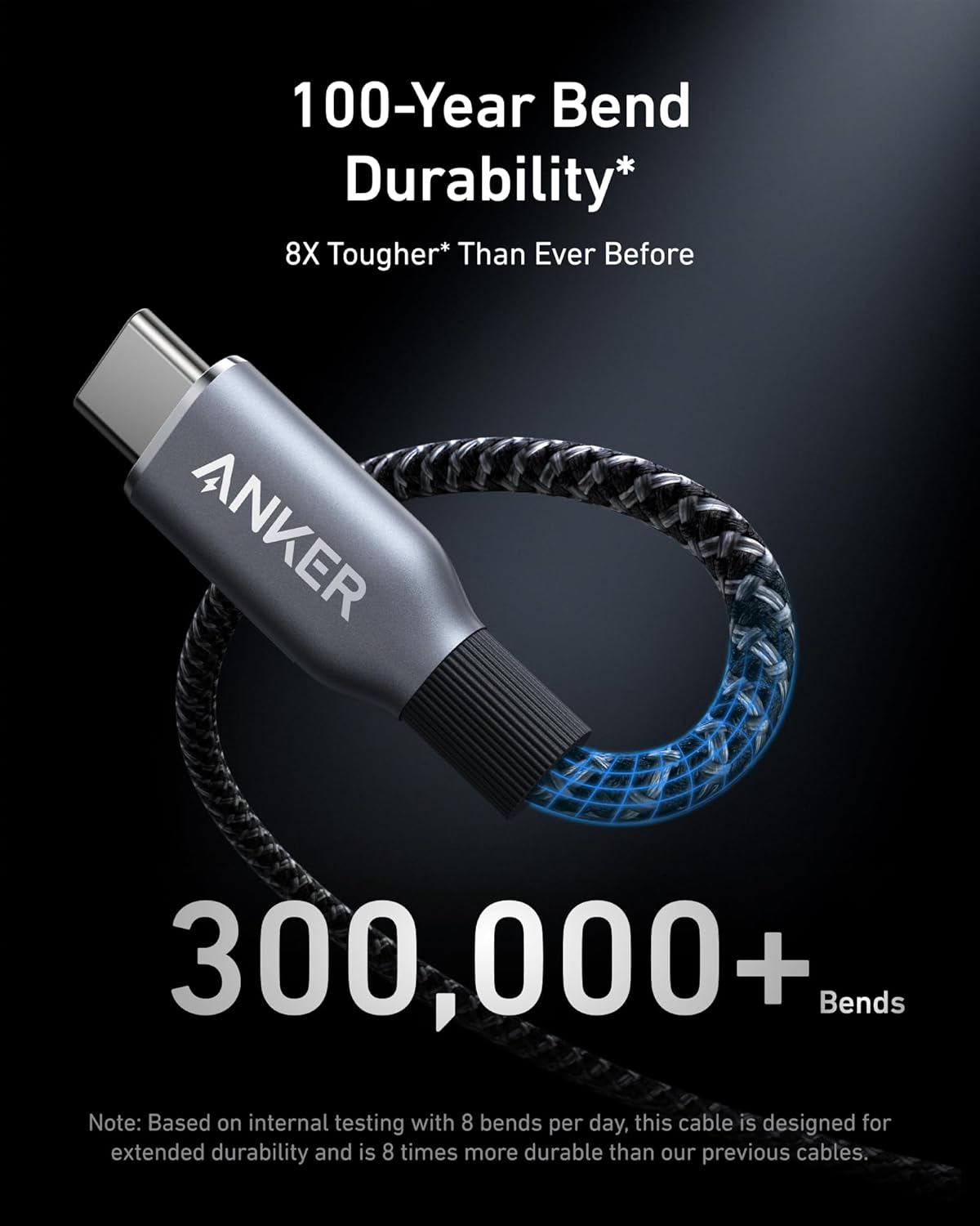 100-Year Bend Durability*  
8X Tougher* Than Ever Before  

ANKER  
300,000+ Bends  

Note: Based on internal testing with 8 bends per day, this cable is designed for extended durability and is 8 times more durable than our previous cables.