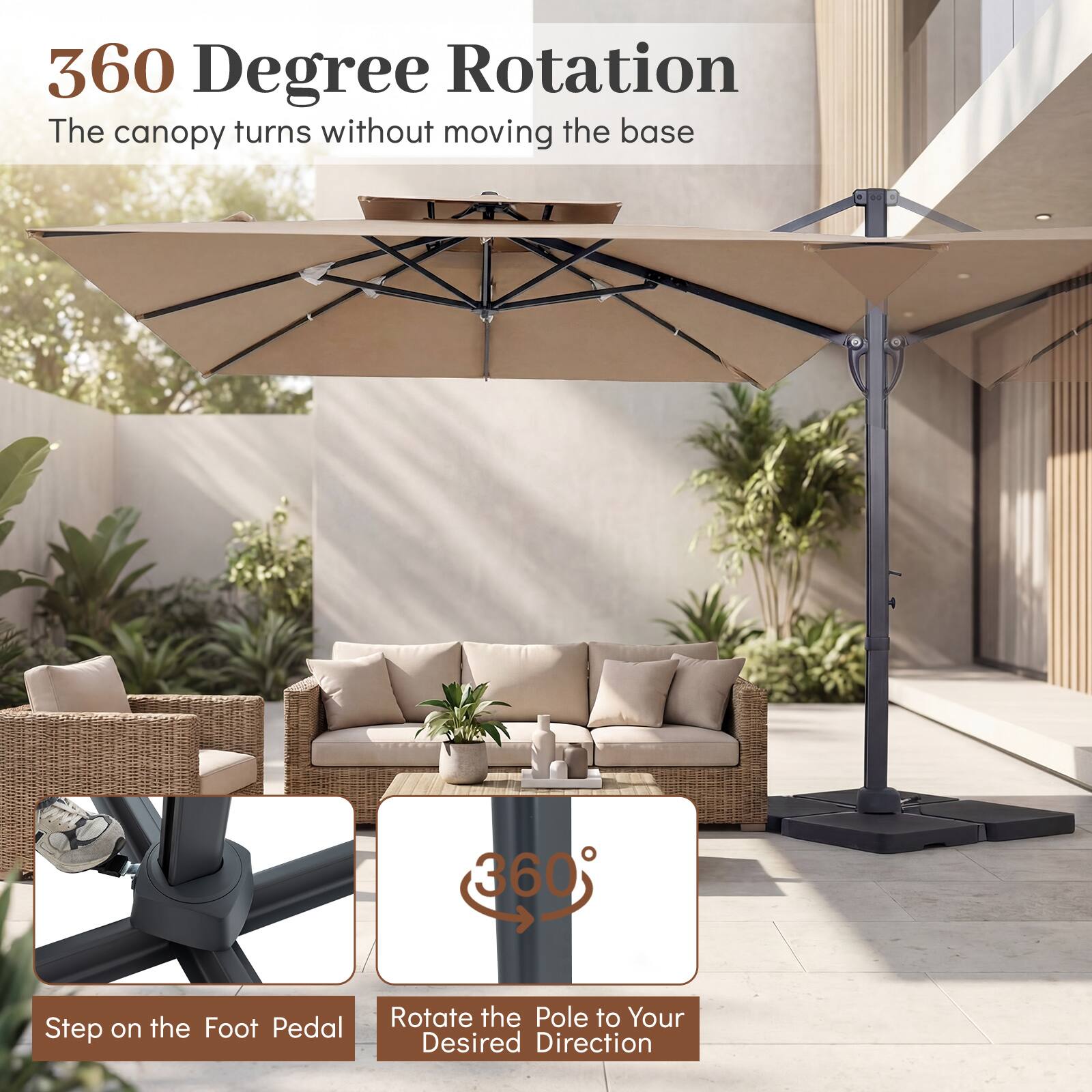 360 Degree Rotation  
The canopy turns without moving the base.  

Step on the Foot Pedal  
Rotate the Pole to Your Desired Direction