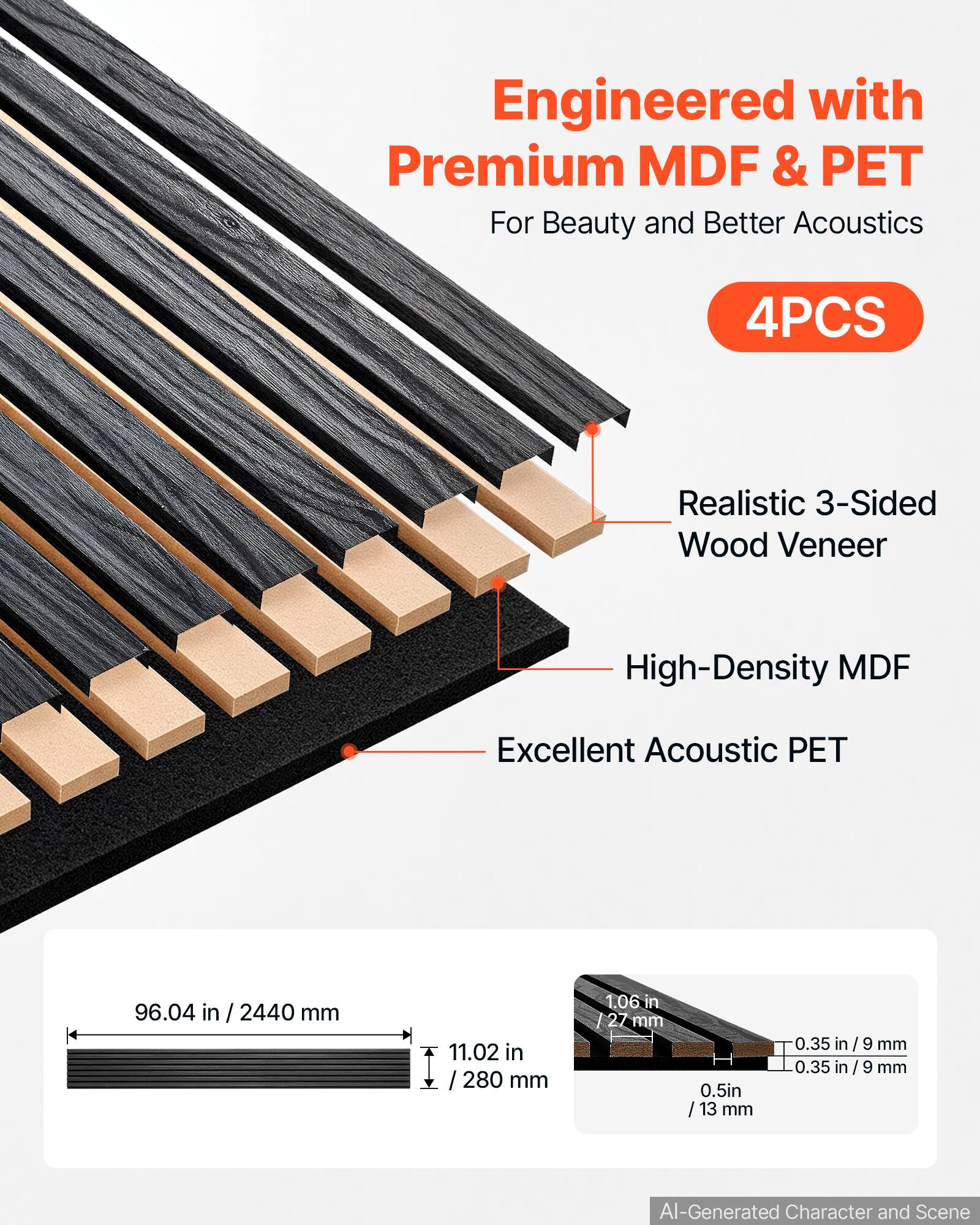 Engineered with Premium MDF & PET For Beauty and Better Acoustics

4PCS

Realistic 3-Sided Wood Veneer

High-Density MDF

Excellent Acoustic PET

96.04 in / 2440 mm

11.02 in / 280 mm

1.06 in / 27 mm

0.5 in / 13 mm

0.35 in / 9 mm

AI-Generated Character and Scene