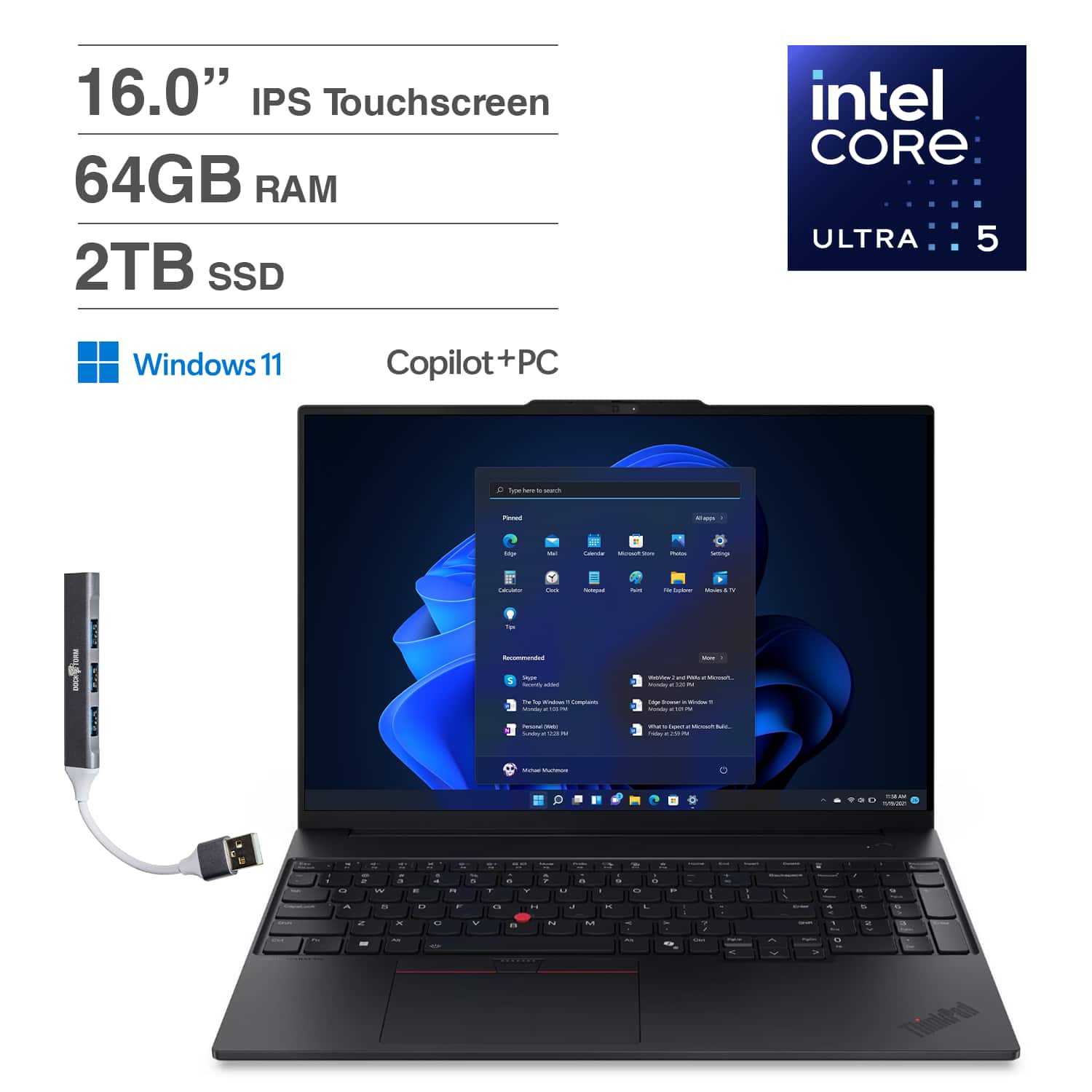 Lenovo - ThinkPad Laptop 16'' Touchscreen (Intel Ultra 5-225U, 64GB DDR5, 2TB SSD, Win 11 Home) w/DKZ USB Port Expander - Black