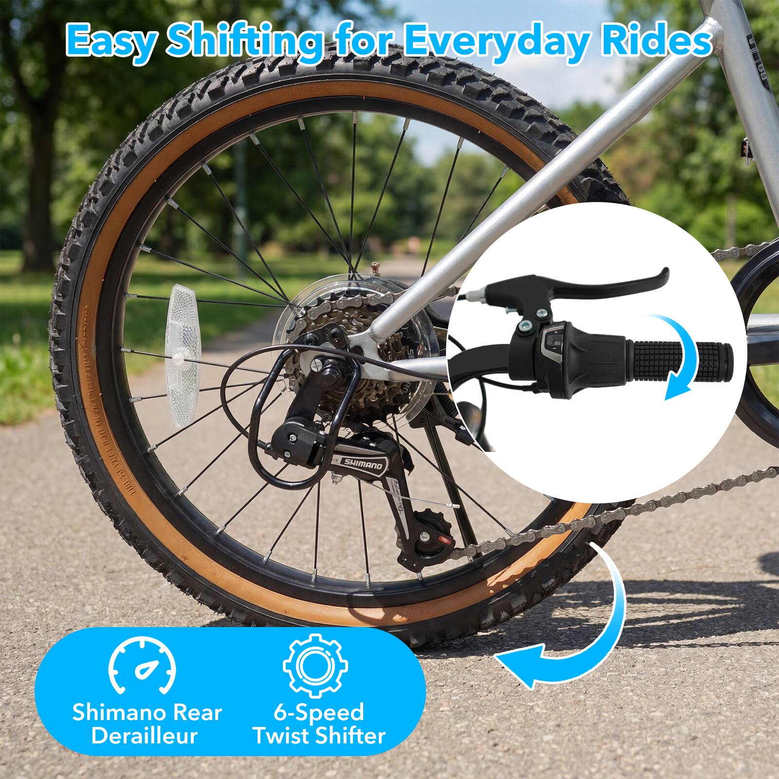 Easy Shifting for Everyday Rides

Shimano Rear Derailleur

6-Speed Twist Shifter