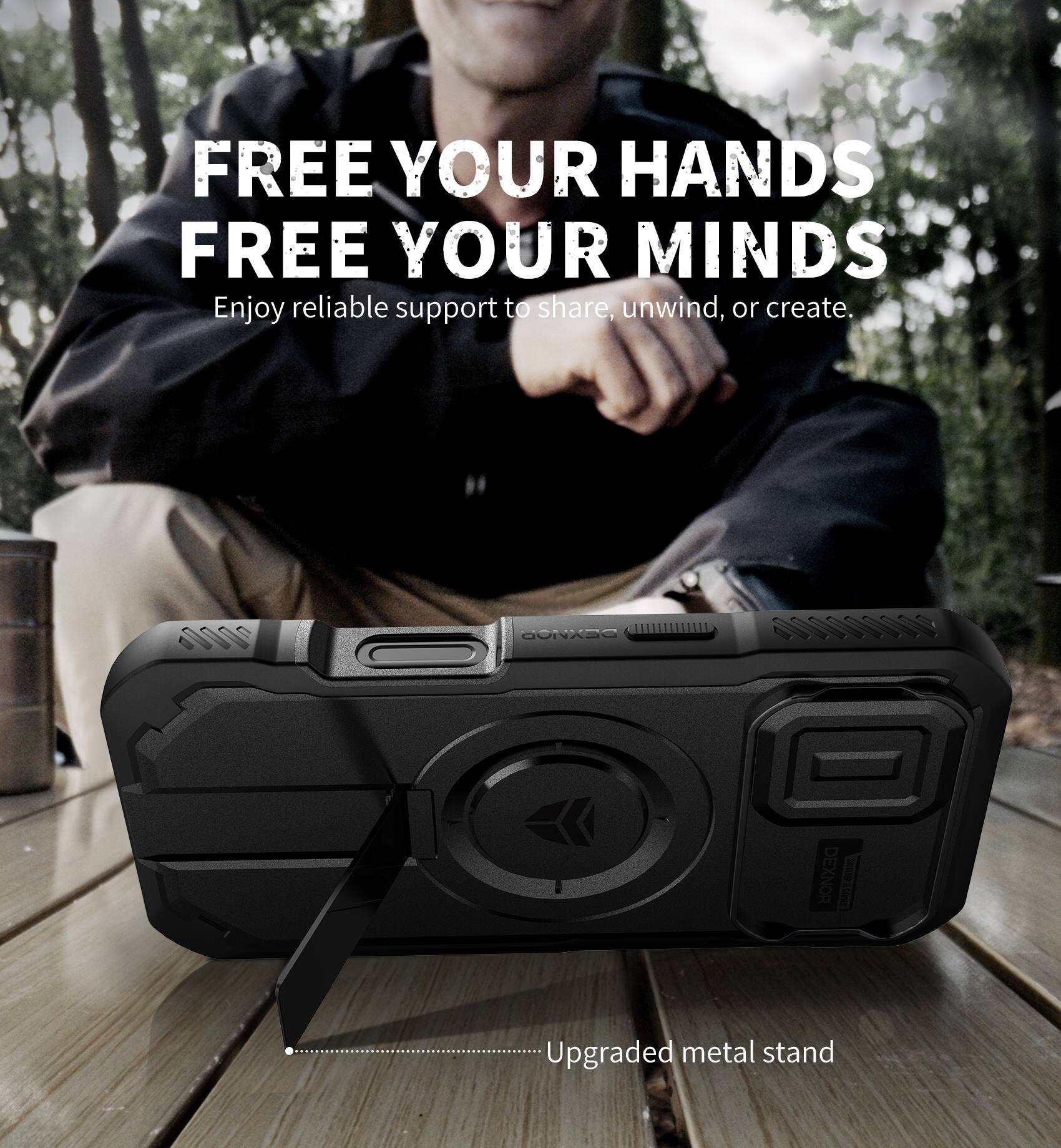 FREE YOUR HANDS  
FREE YOUR MINDS  
Enjoy reliable support to share, unwind, or create.  

GONXSO 00000 DEXNOR  

Upgraded metal stand