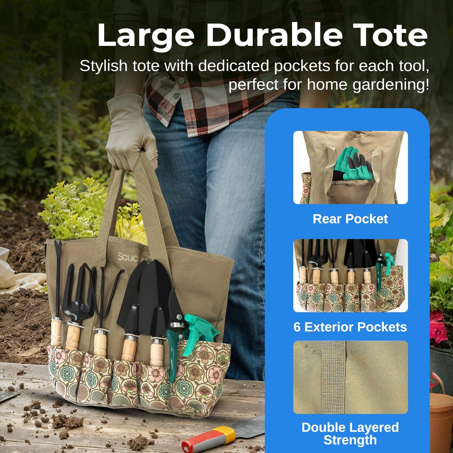 Large Durable Tote  
Stylish tote with dedicated pockets for each tool, perfect for home gardening!  

- Rear Pocket  
- 6 Exterior Pockets  
- Double Layered Strength