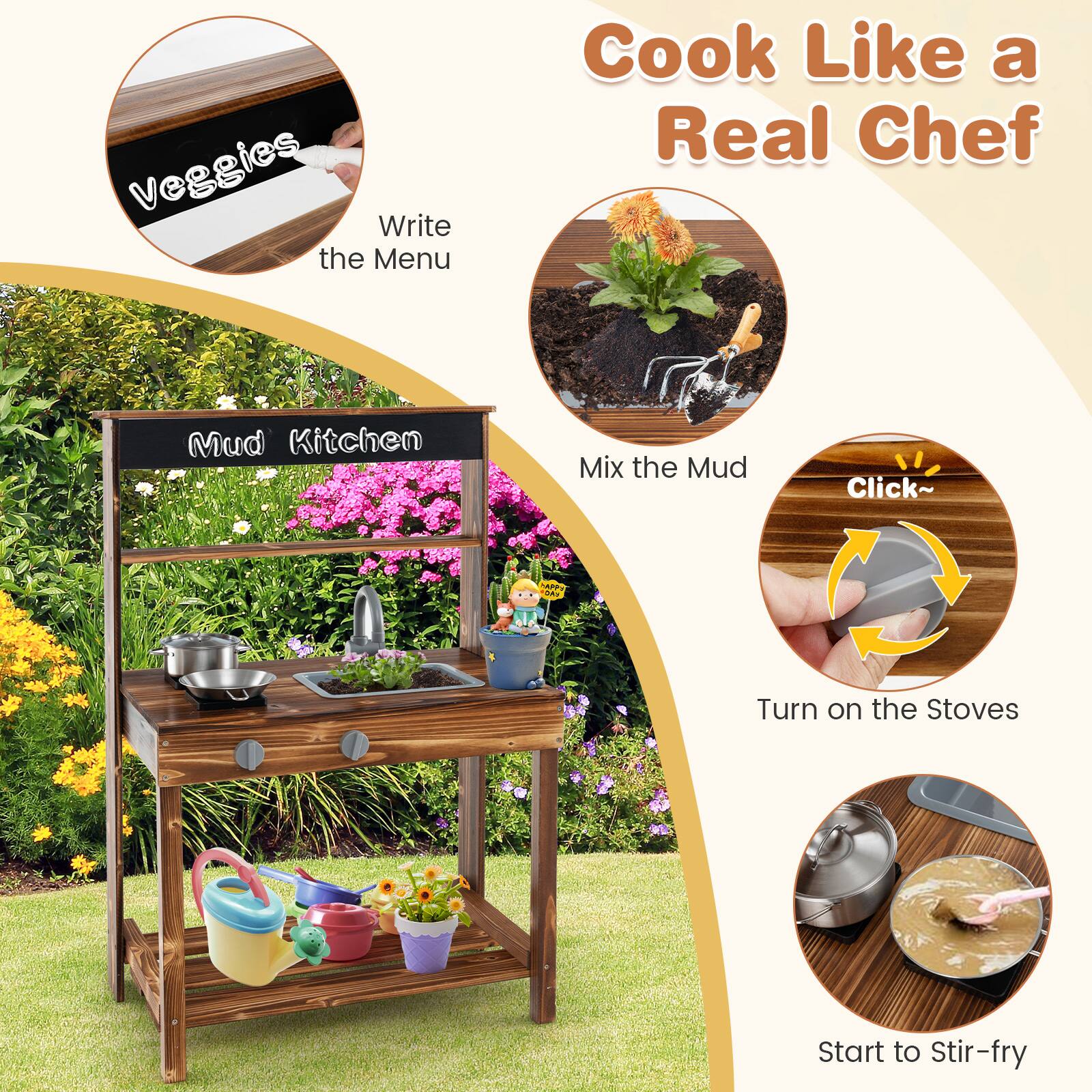 Cook Like a Real Chef, Mud Kitchen, Veggies Write the Menu, Mix the Mud, Click~, Turn on the Stoves, Start to Stir-fry