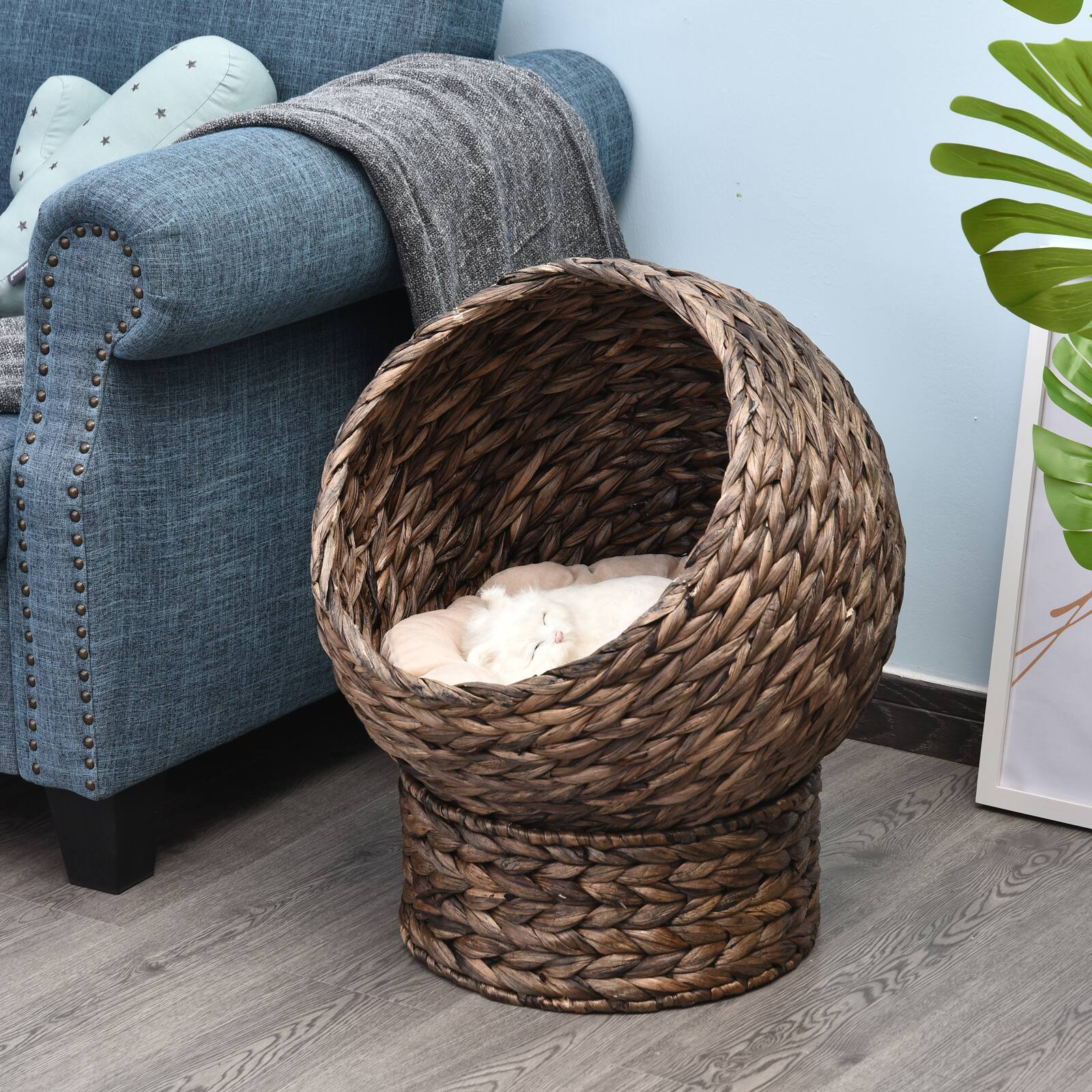 Angle. Pawhut - Handwoven Elevated Cat Bed, Soft Cushion, Cat Egg Chair Shape, with Stand, Raised Wicker, Indoor, 23.5" H.