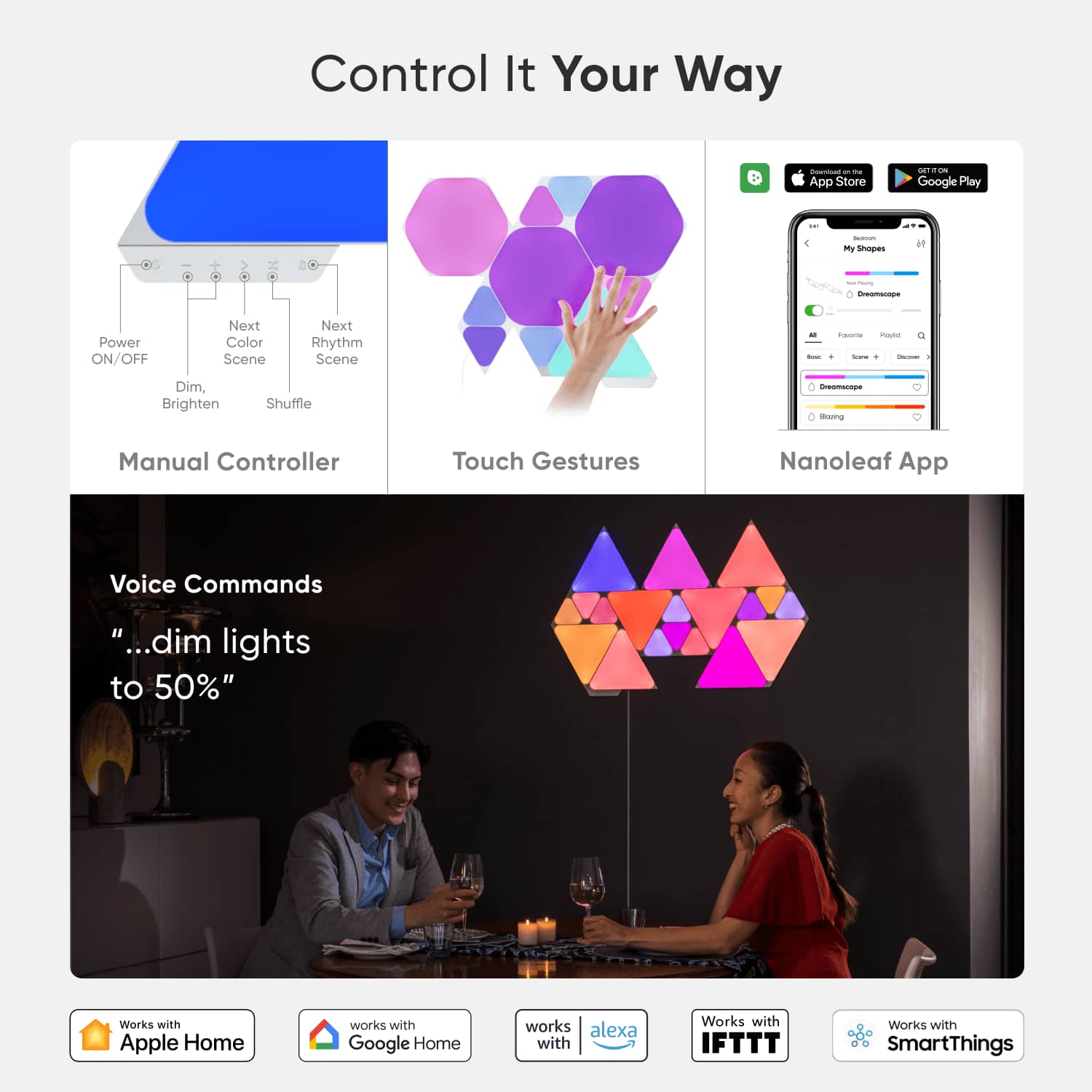Control It Your Way - App Store on Google Play - 1 - My Shopes #f I - o dpomacope Power ON/OFF Next Color Scene Next Rhythm Scene - - - i - - Dim, Brighten Shuffle Dreamscape Bur Manual Controller Touch Gestures Nanoleaf App Voice Commands "...dim lights to 50%" Works with Apple Home works with Google Home works with Alexa with Works with IFTTT Works with SmartThings