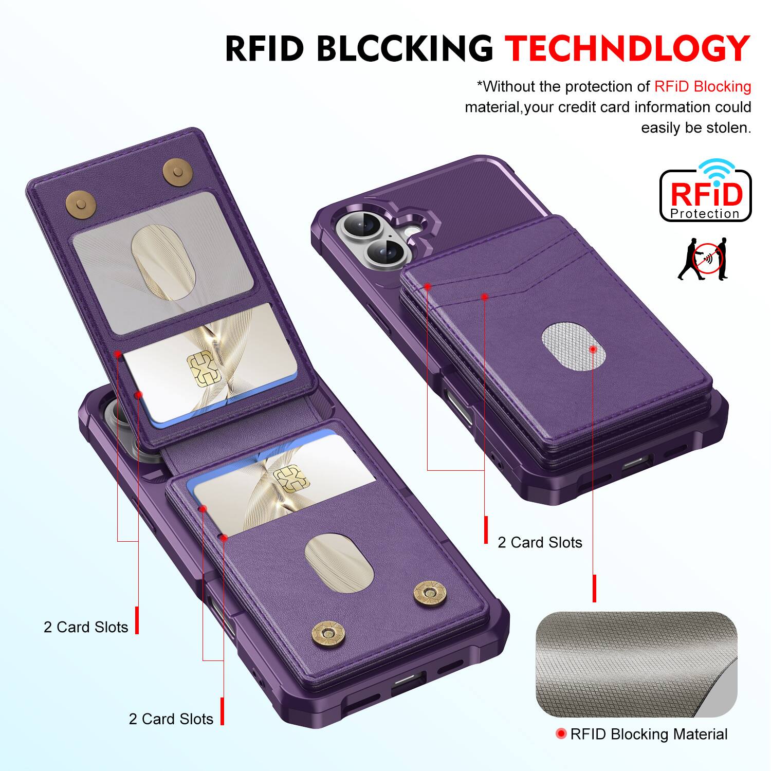 RFID BLOCKING TECHNOLOGY

*Without the protection of RFID Blocking material, your credit card information could easily be stolen.

RFID Protection

2 Card Slots

2 Card Slots

2 Card Slots

RFID Blocking Material