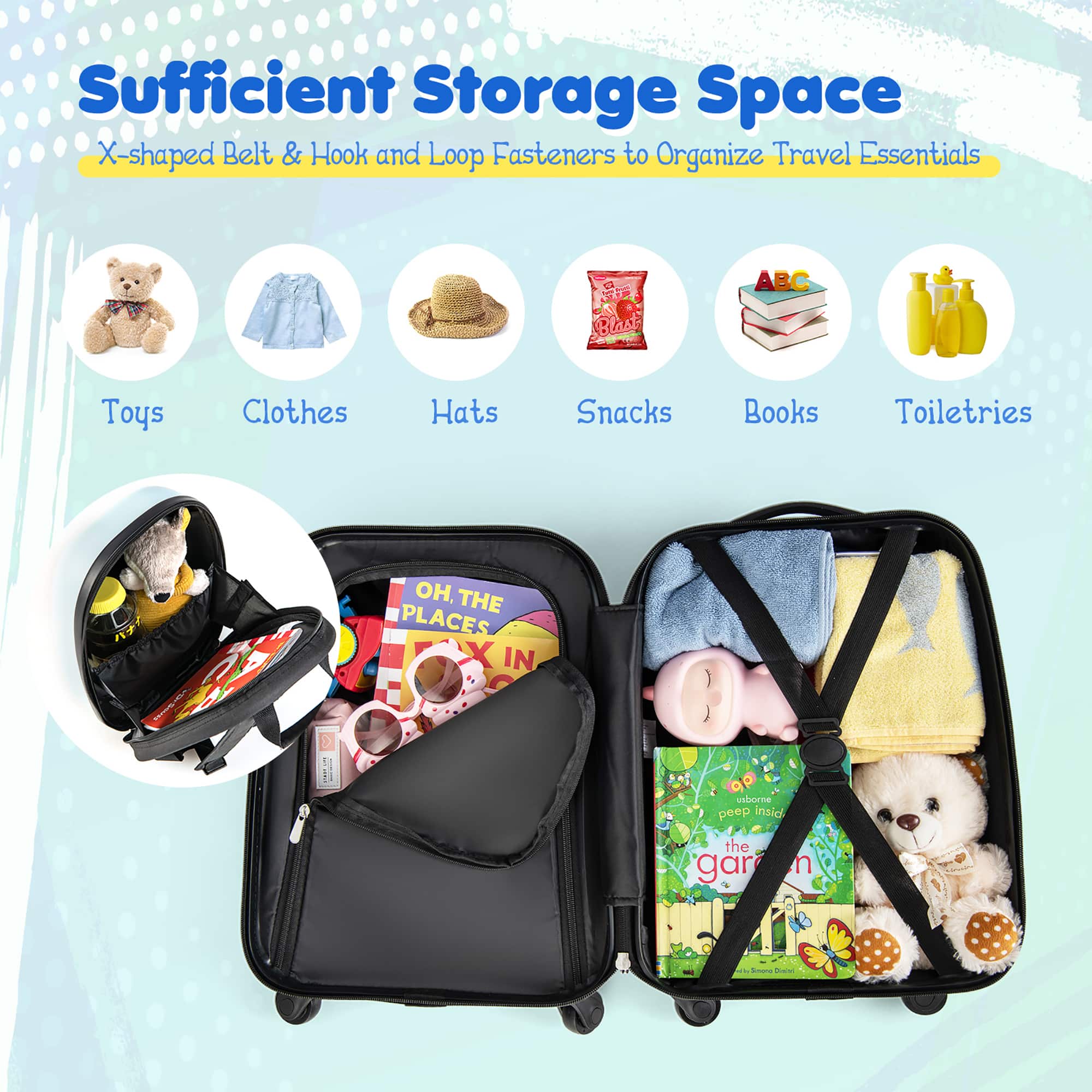 Sufficient Storage Space: X-shaped Belt & Hook and Loop Fasteners to Organize Travel Essentials
* ABC Toys
* Clothes
* Hats
* Snacks
* Books
* Toiletries
