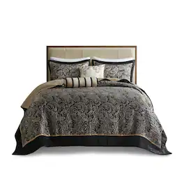 Gracie Mills - Thornton 5-Piece Reversible Jacquard Bedspread Set with Throw Pillows - Black