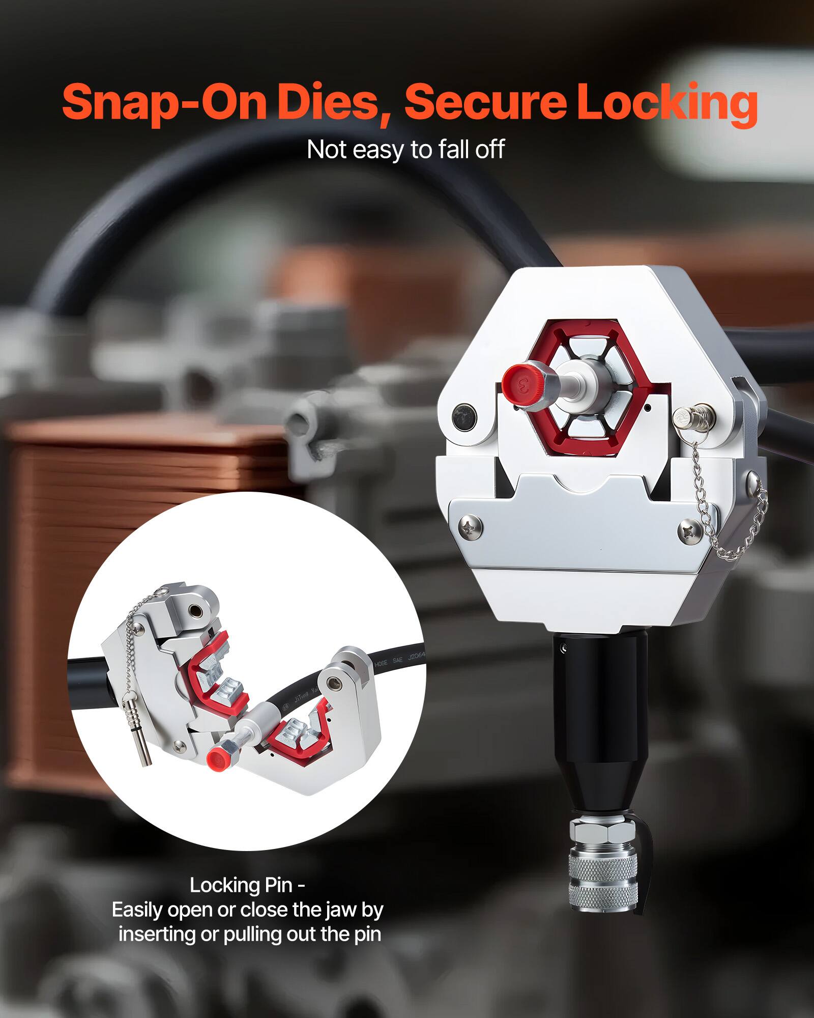 Snap-On Dies, Secure Locking  
Not easy to fall off  

Locking Pin -  
Easily open or close the jaw by inserting or pulling out the pin