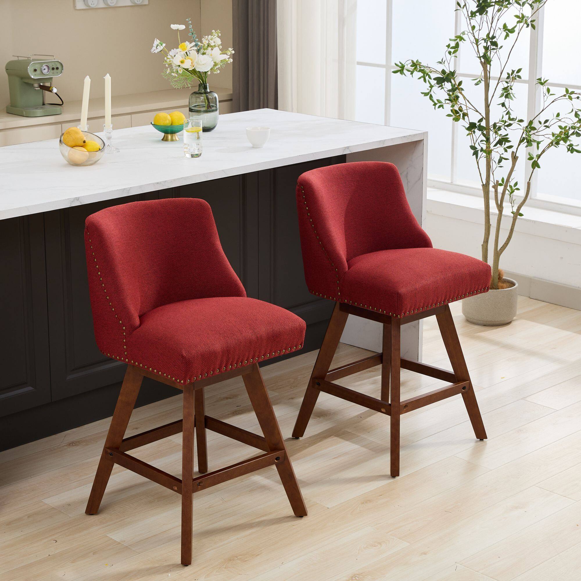 Left. Trinkets Crazed - Counter Height Swivel Barstools Set of 2, 26'' H Seat Height Upholstered Bar Stools, Fabric - Red.