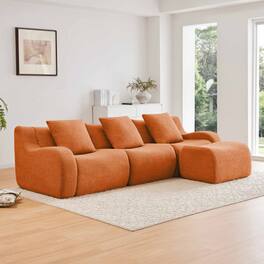 Aukfa - Modular Teddy Fabric Sofa - 3-Seat Sectional with 1 Ottoman, Soft Boneless Design for Living Room - Orange