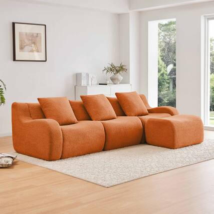 Front. Aukfa - Modular Teddy Fabric Sofa - 3-Seat Sectional with 1 Ottoman, Soft Boneless Design for Living Room - Orange.