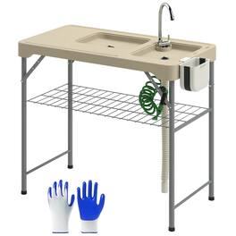 Outsunny - Folding Fish Cleaning Table with Sinks, Portable Camping Sink Table with Faucet, Drainage Hose, Sprayer, Shelf - Tan
